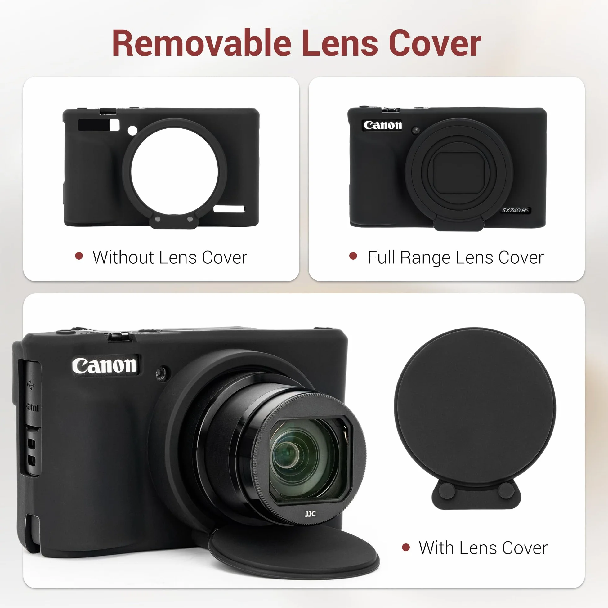 PROfezzion Silikonowe etui ochronne do Canon PowerShot SX740 HS, dopasowany krój, akcesoria z osłoną ekranu i paskiem na nadgarstek do aparatu Canon PowerShot SX740 - czarne