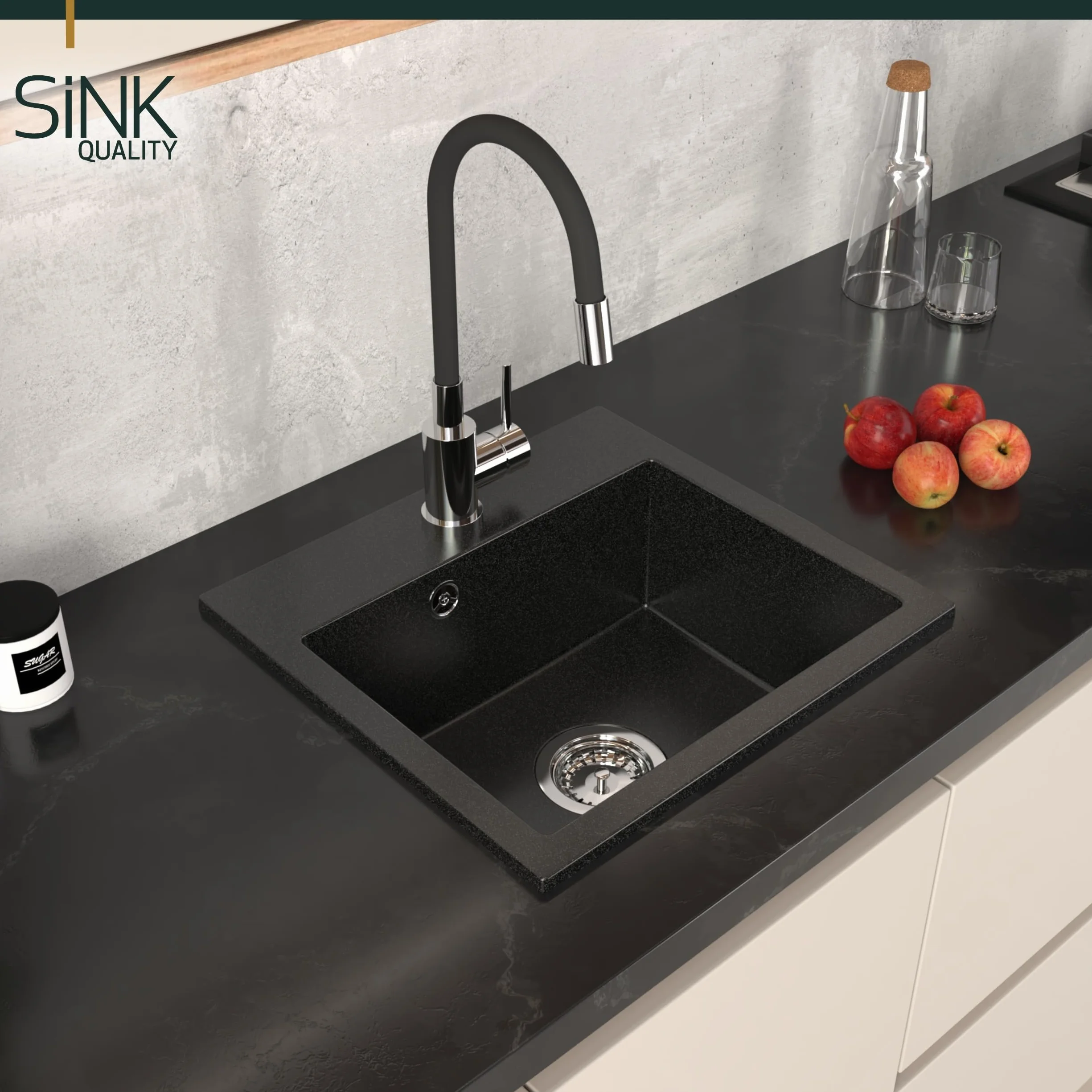 SINK Quality zlewozmywak czarny 45 × 42 cm – zlewozmywak z syfonem i impregnacją – umywalka do szafki pod umywalkę od 45 cm – zlewozmywak granitowy 1 umywalka – czarny zlew bez ociekacza