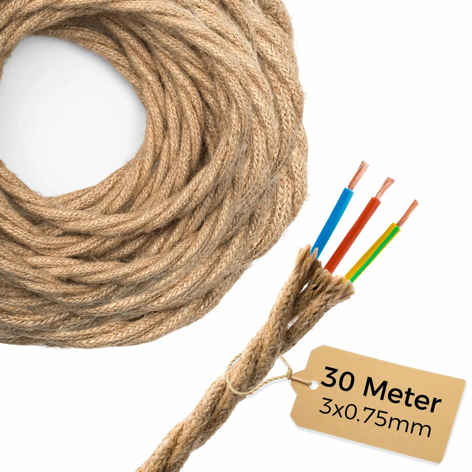 DiCUNO Kabel tekstylny do lamp, 30 metrów, 3-żyłowy kabel zasilający z PE, 3 x 0,75 mm², kabel tekstylny, przewód przyłączeniowy do lamp wiszących, DIY, lamp wiszących, akcesoriów do lamp, kabel