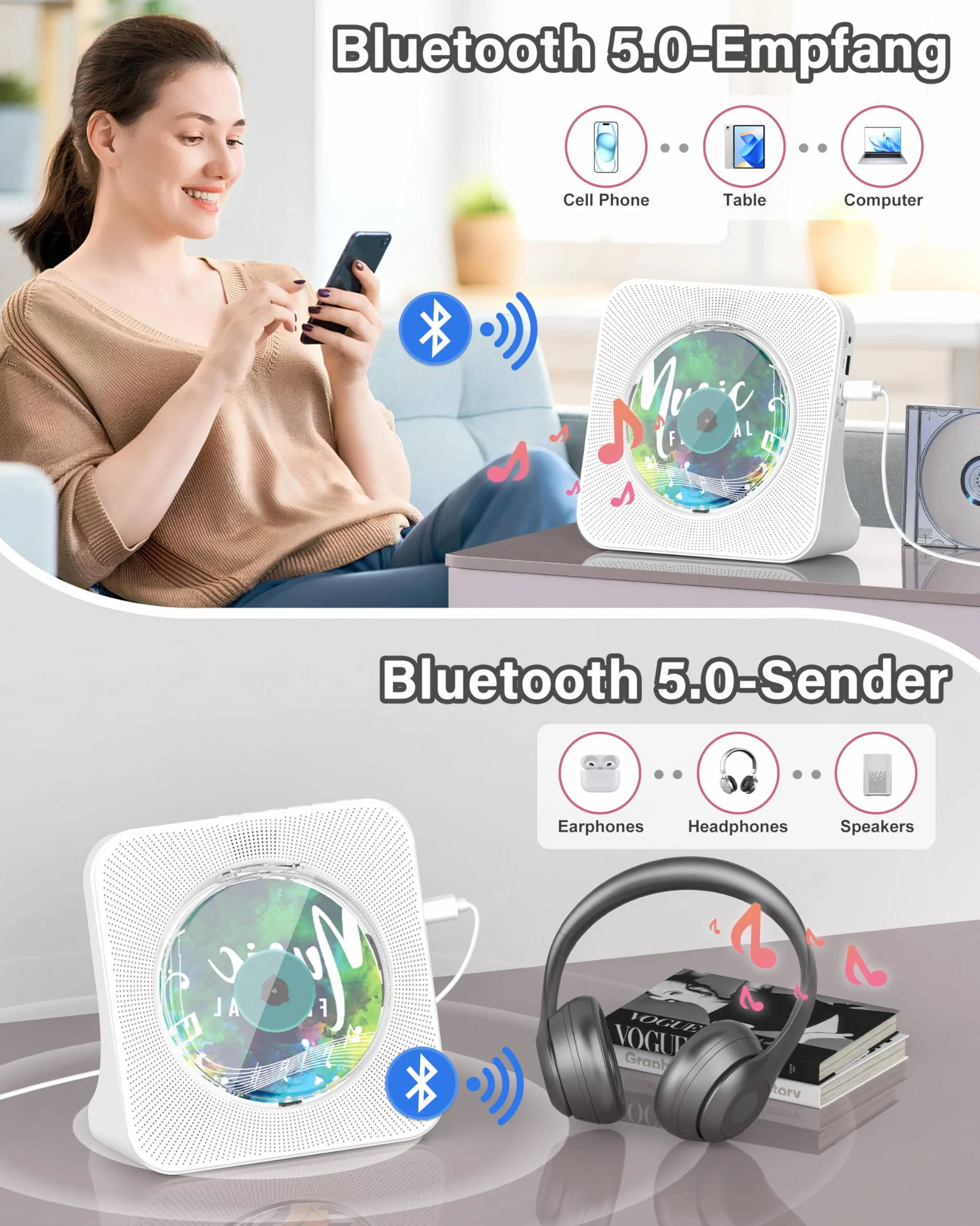 Przenośny odtwarzacz CD z Bluetooth 5.0, Greadio stacjonarny odtwarzacz CD do domu, odtwarzacz muzyczny CD z głośnikami, pilot zdalnego sterowania, osłona przeciwpyłowa, radio FM, wyświetlacz LCD, AUX