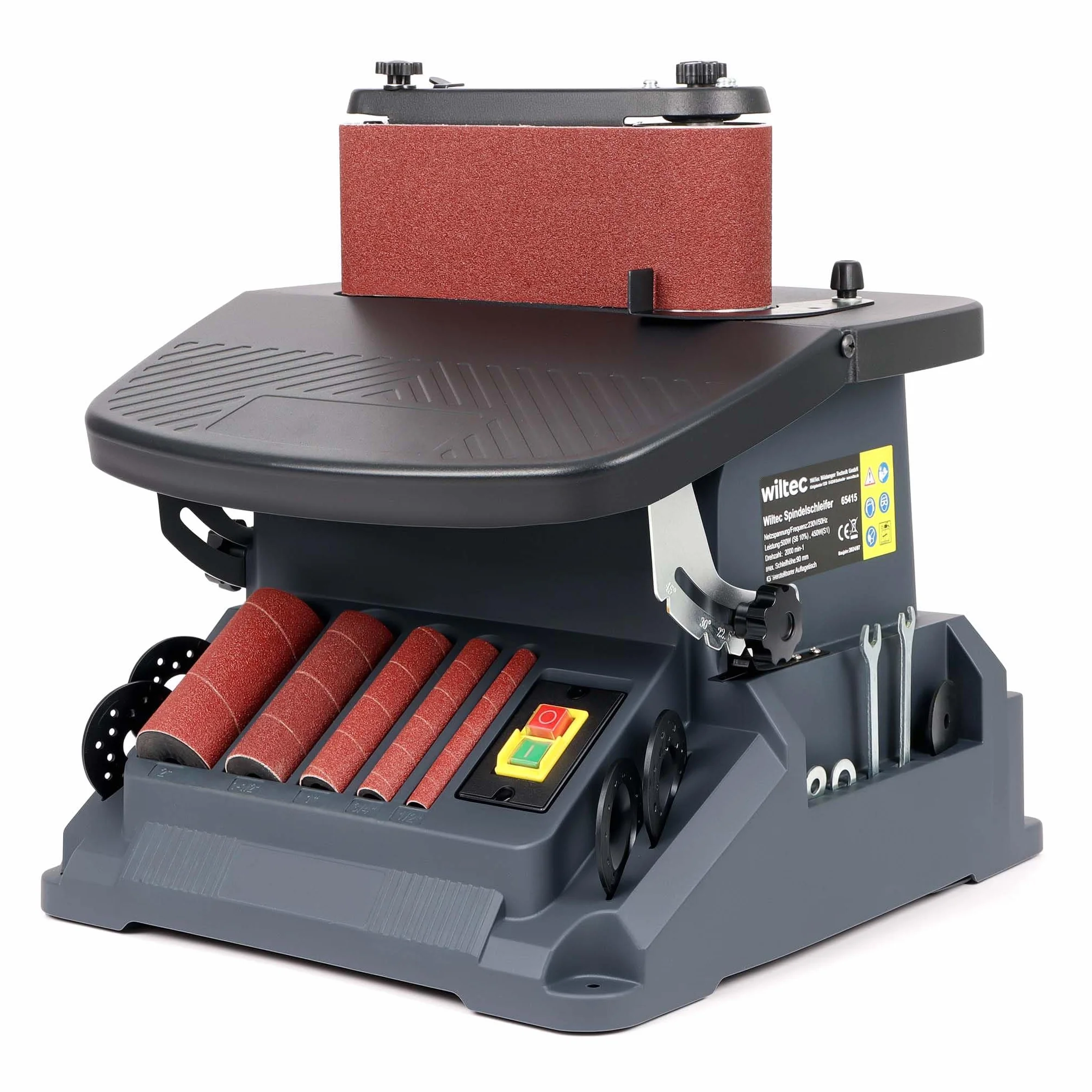 Wiltec Szlifierka oscylacyjna wrzecionowa i taśmowa 500 W z 5 tulejami 13-51 mm, kąt nachylenia stołu 45°, ze stołem 410 x 430 mm