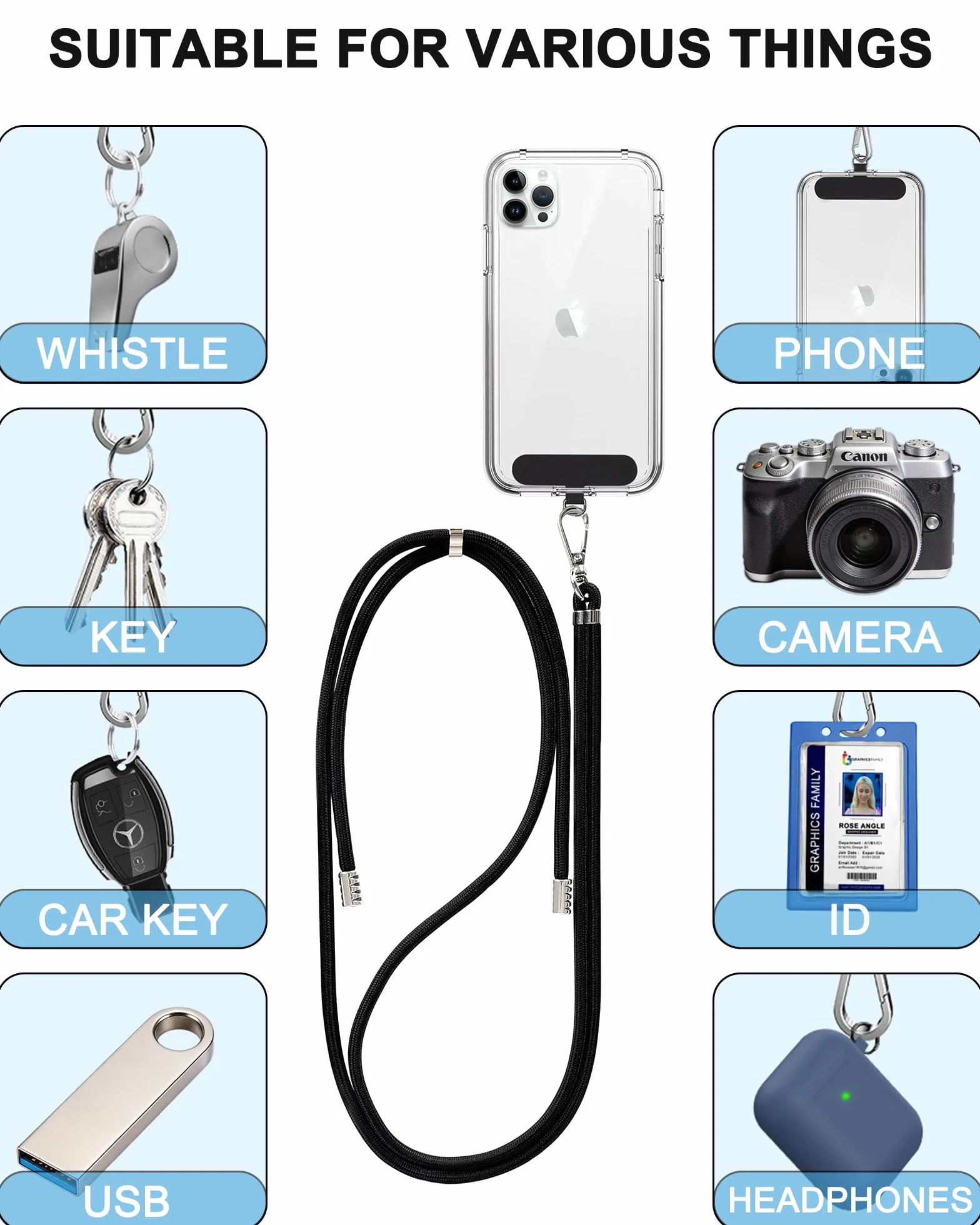 Uniwersalna Smycz do Telefonu 2 Sztuki, Regulowany Sznurek na Szyję 30-78 cm, Zestaw z 2 Patchami, Czarny, Szary