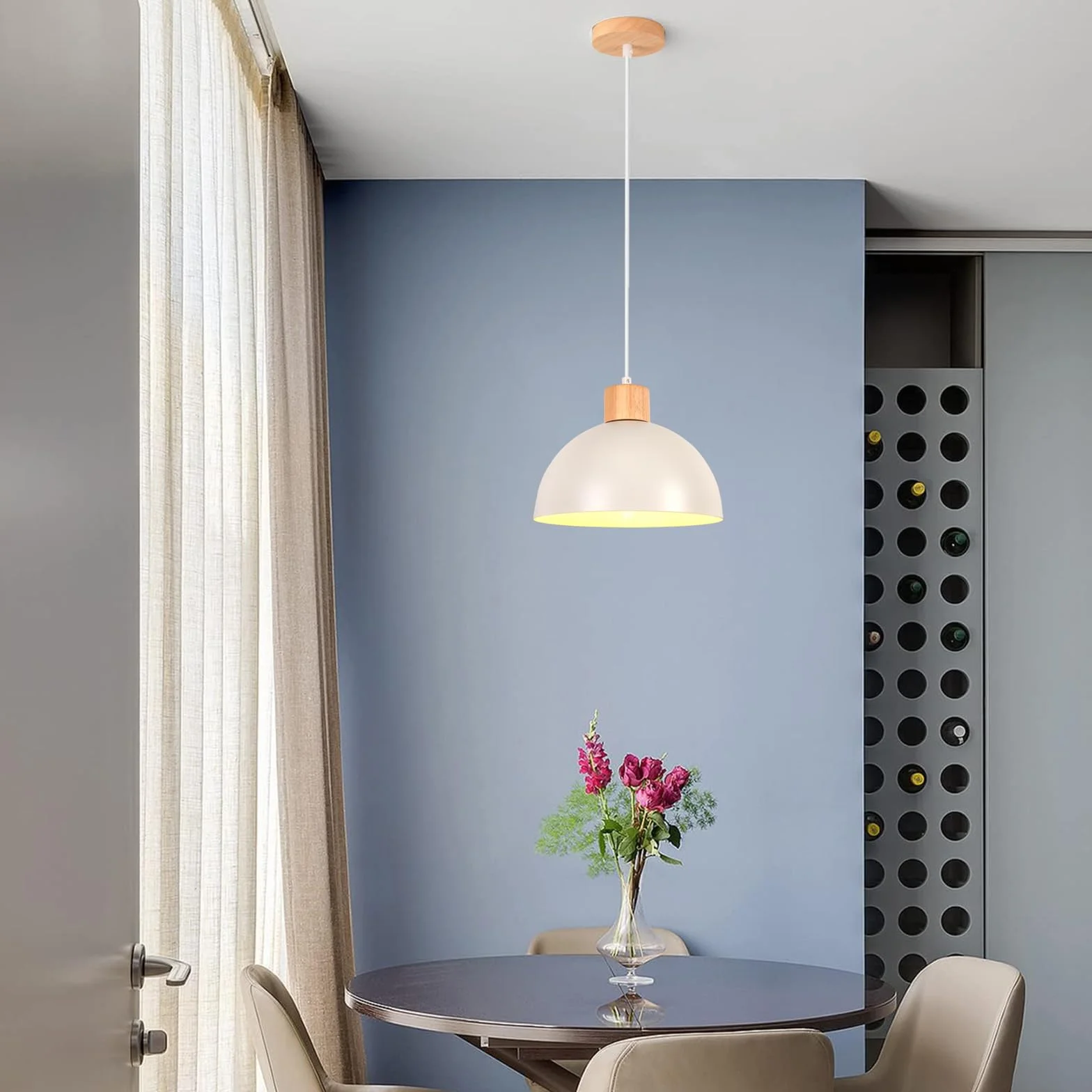 iDEGU Zestaw 2 żyrandoli wiszących w stylu retro, nowoczesny styl, półokrąg, lampa sufitowa E27, drewniana metalowa lampa wisząca do jadalni, kuchni, salonu, sypialni, Ø 25 cm (biały)
