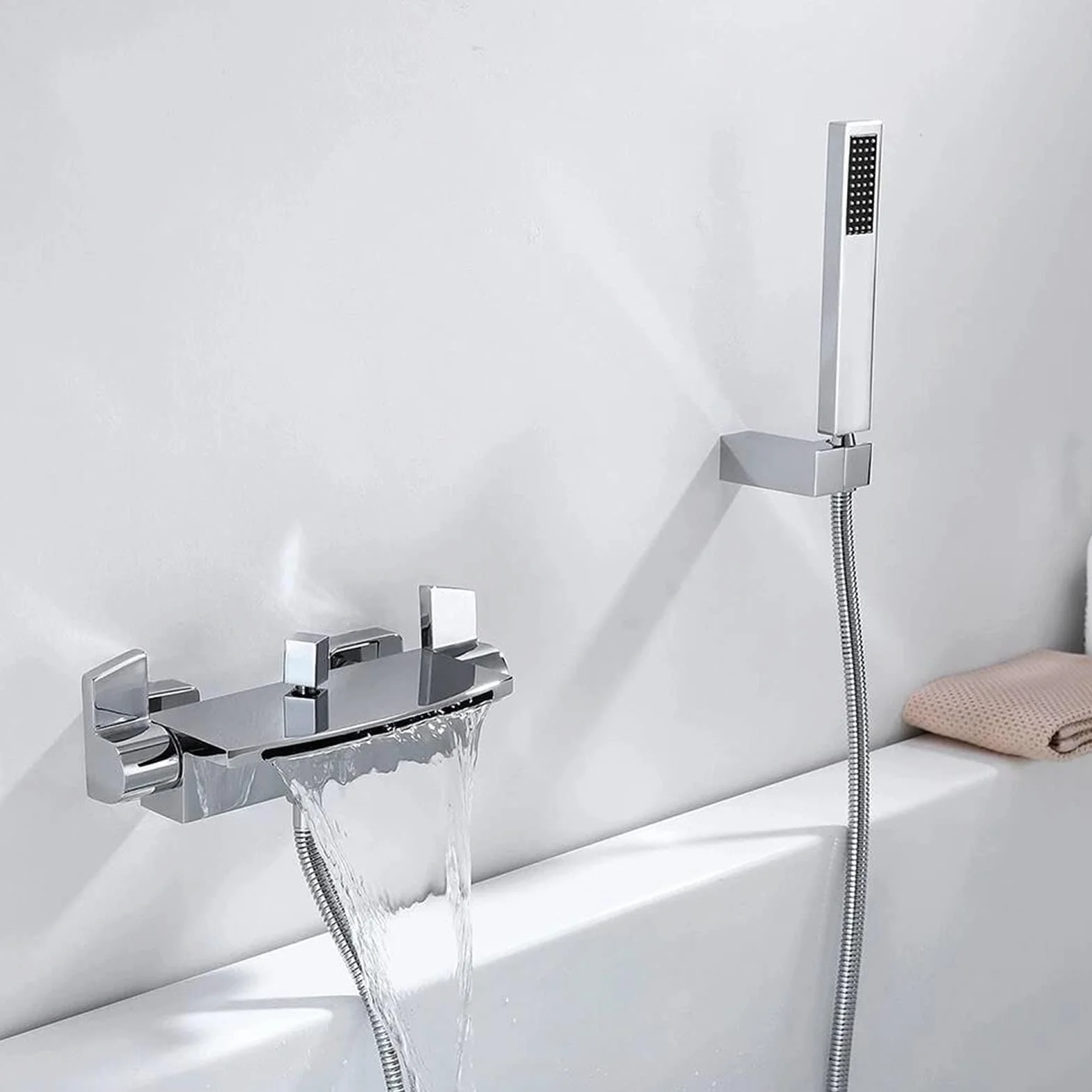 Bateria wannowa wodospadu, nowoczesna bateria wannowa z prysznicem ręcznym, pojedynczy uchwyt ścienny bateria wannowa, mosiężna bateria wannowa bateria prysznicowa,Chrome