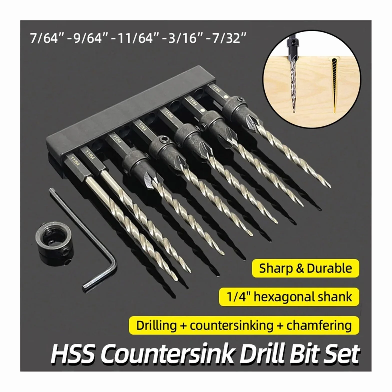 5pcs 7pcs High Speed Steel Tapered Countersink Drill Bit Set 1/4" Hex Shank Carpentry Reamer Stop Collars Screw Hole Drill Chamfer Woodworking Tools