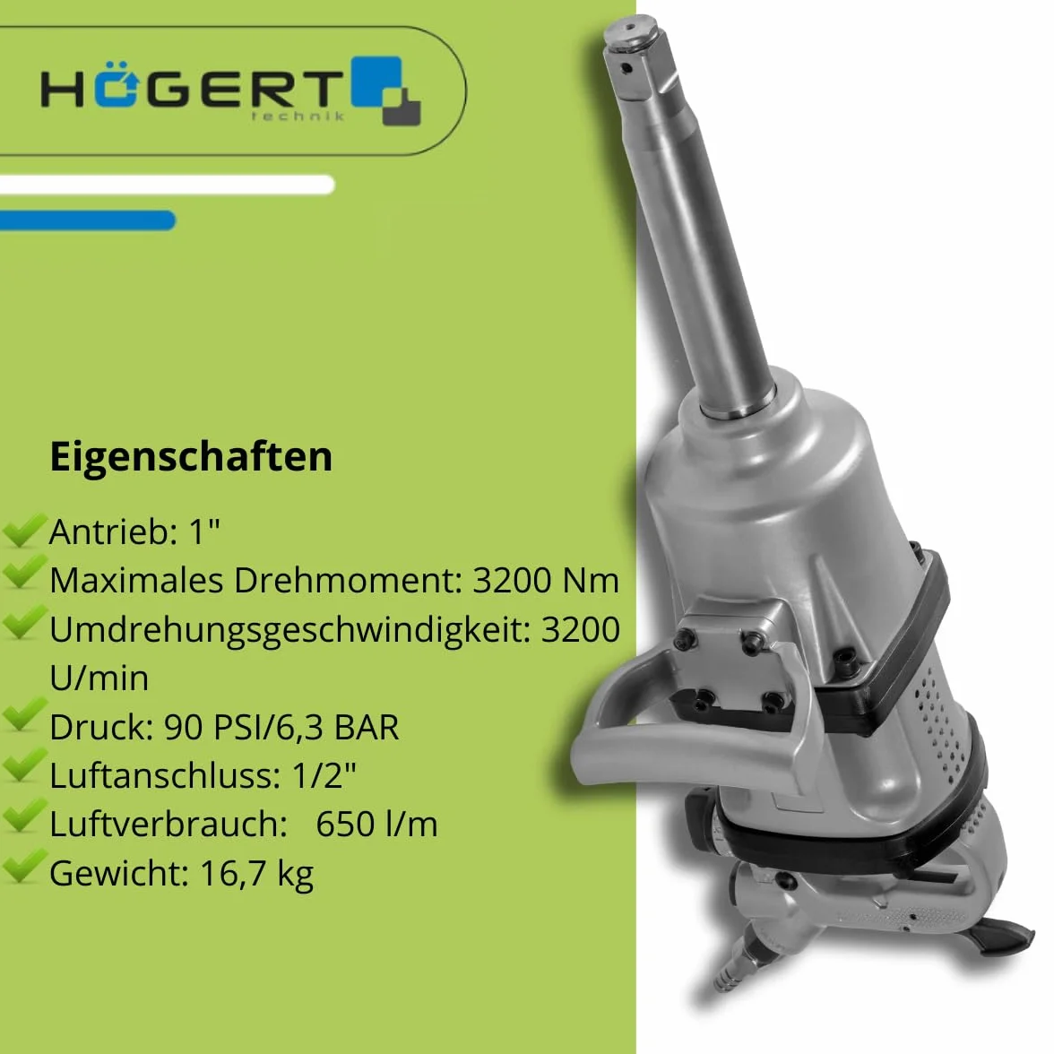 Högert Technik - Klucz pneumatyczny 1" 3200 Nm | 1-calowy klucz pneumatyczny z napędem czworokątnym | klucz pneumatyczny | profesjonalne narzędzia