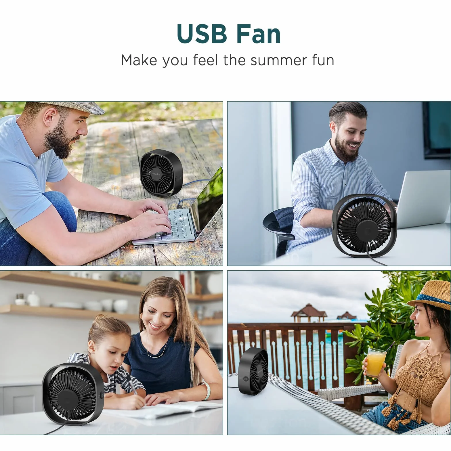 EasyAcc Mały wentylator biurkowy USB 3 prędkości głowica obrotowa 360°