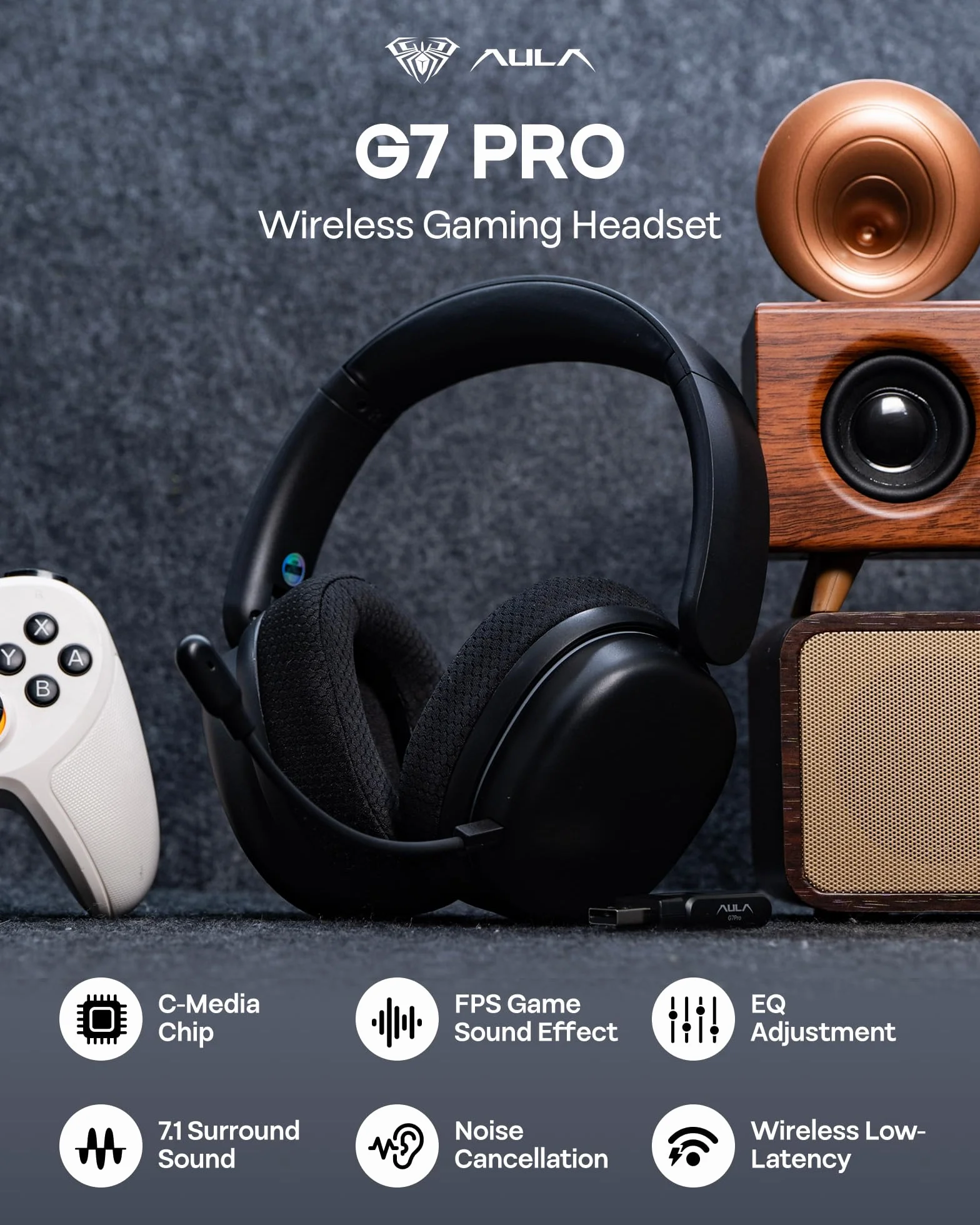 EPOMAKER Aula G7 Pro bezprzewodowy zestaw słuchawkowy do gier BT5.3 2,4 GHz dźwięk przestrzenny 7,1 bateria 80h RGB