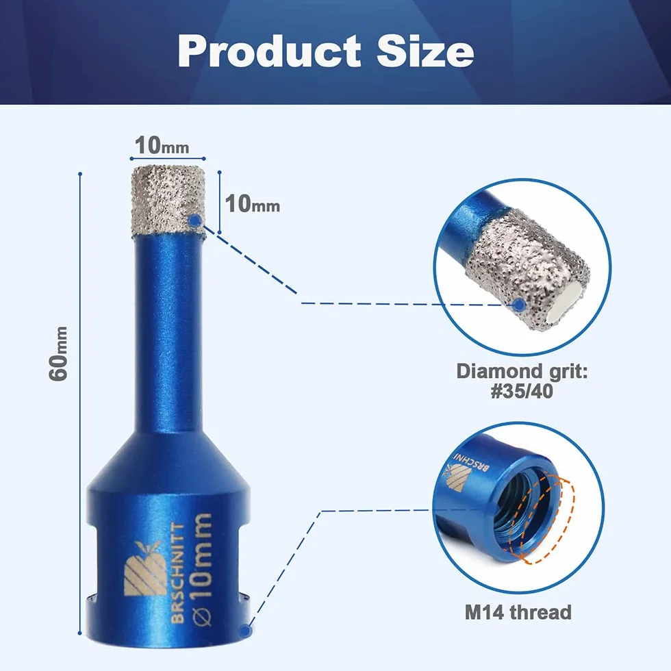 Wiertło diamentowe 10mm, BRSCHNITT 5 szt. M14 lutowane próżniowo diamentowe wiertło rdzeniowe Otwornica do płytek kamionkowych kamionkowych Ceramiczne marmurowe wiercenie granitowe, odpowiednie do szlifierek kątowych