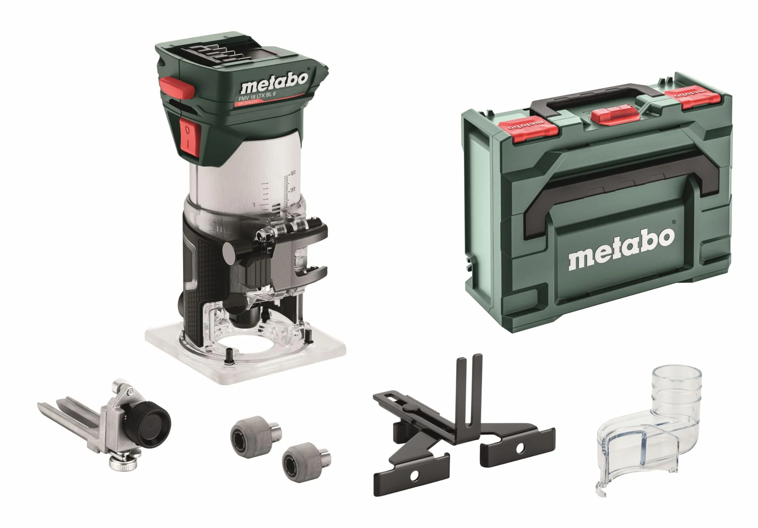 metabo Akumulatorowa frezarka krawędziowa FMV 18 LTX BL 8-18 V, silnik bezszczotkowy, 4800-29000 obr./min, tuleja zaciskowa 6/8 mm, metaBOX 145 l, precyzyjna regulacja głębokości, ergonomiczna – do