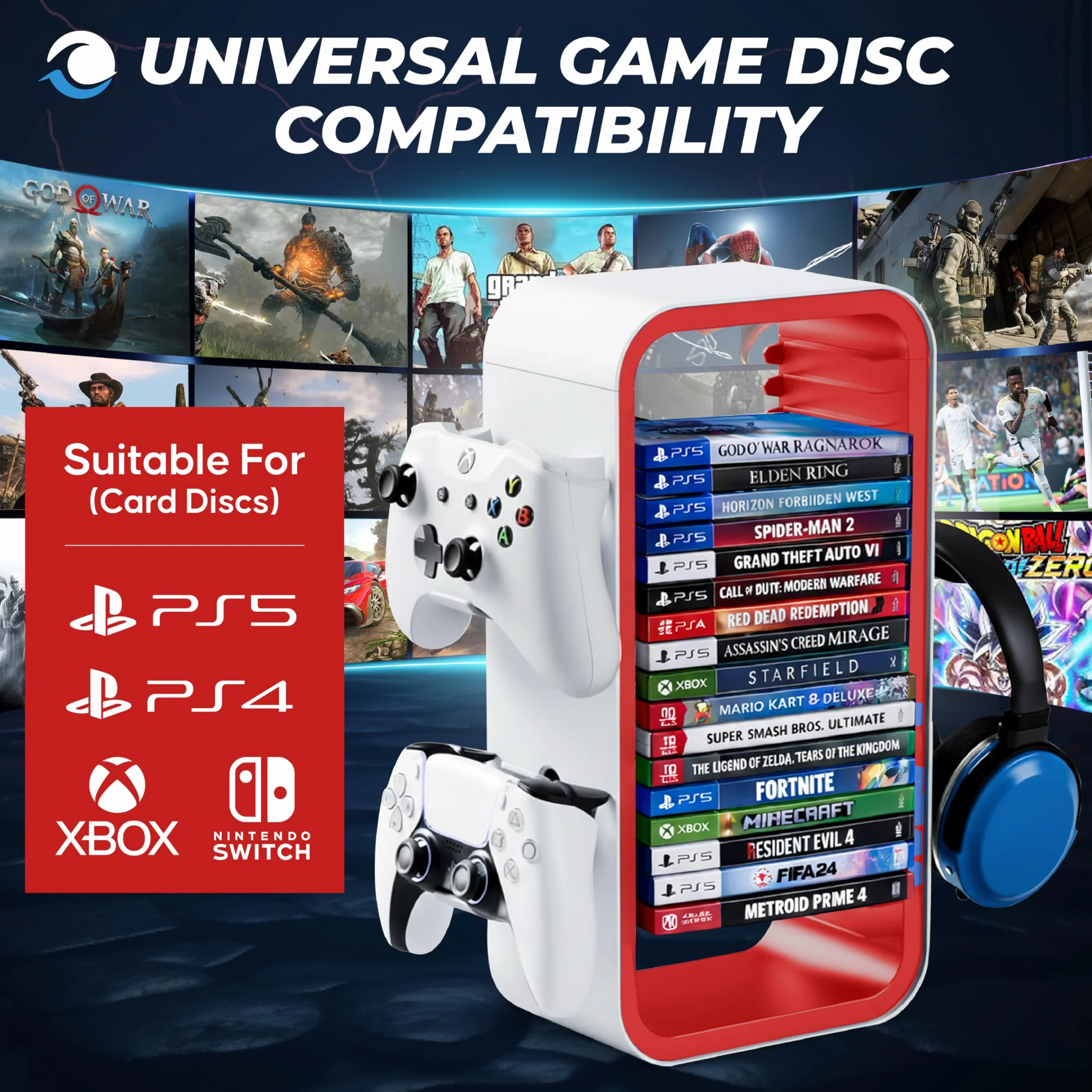 Universal Games Storage Tower Pro do 18 gier uchwyt kontrolera 4 gamepady akcesoria gamingowe PS5 PS4 Xbox Switch biały czerwony