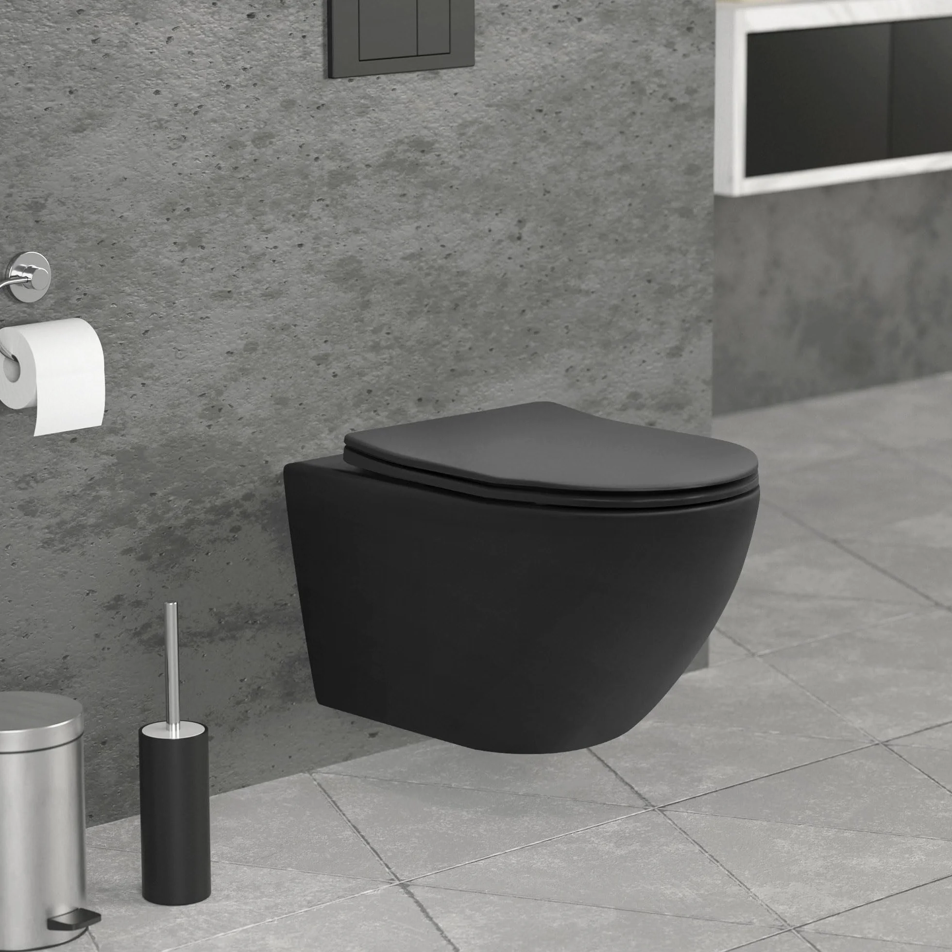 LuxeBath wiszaca muszla klozetowa bez rantu czarna, ceramiczna wiszaca muszla klozetowa dluga 54 cm, bez rantu splukujacego z miekko zamykana pokrywa, splukiwanie tornado, miekko zamykana