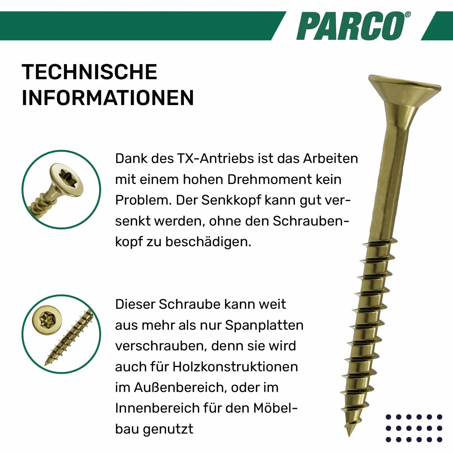 PARCO 10935x20 wkręty do płyt wiórowych z łbem stożkowym 3,5x20 mm, pełny gwint, ocynkowane na żółto, Torx, 1000 sztuk, 5 x 20 mm