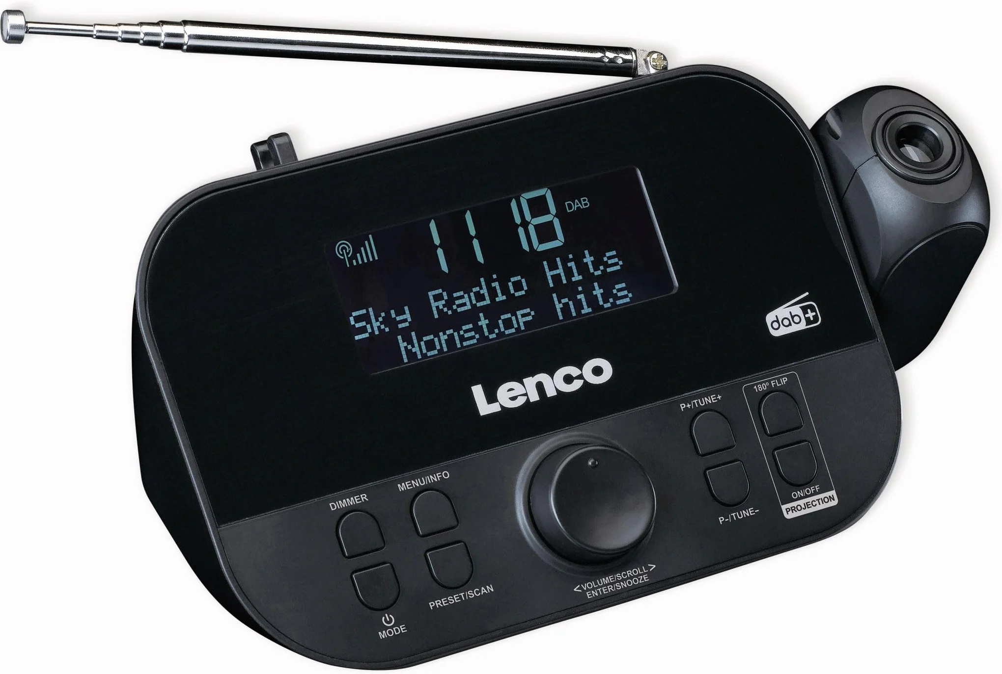 Lenco CR-615 DAB+ budzik z projektorem, radio zegarowe DAB+ FM, 30 stacji, czarny
