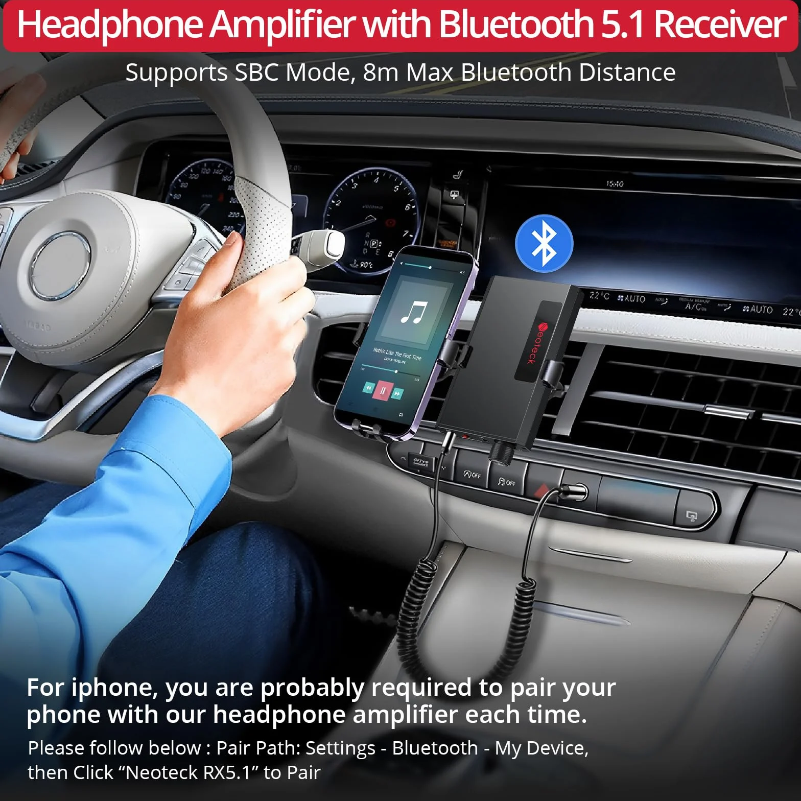 Neoteck Przenośny wzmacniacz słuchawkowy z odbiornikiem Bluetooth 5.1, kompatybilność ze słuchawkami 16-300 Ω, wzmacniacz słuchawkowy Bass Boost do telefonów MP3 MP4 i komputerów