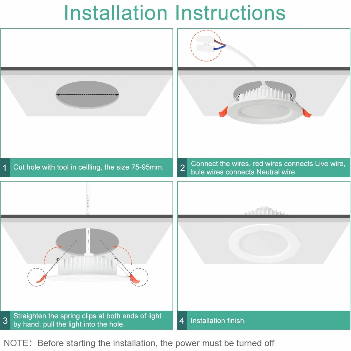 Downlight LED wpuszczany 6 W odpowiednik 60 W, 6 sztuk wpuszczany reflektor LED okrągły neutralny 4500K, 600LM ultra cienki 26 mm, Ф85-95 mm, nieściemnialny AC 160-260 V, LED iluminator do salonu