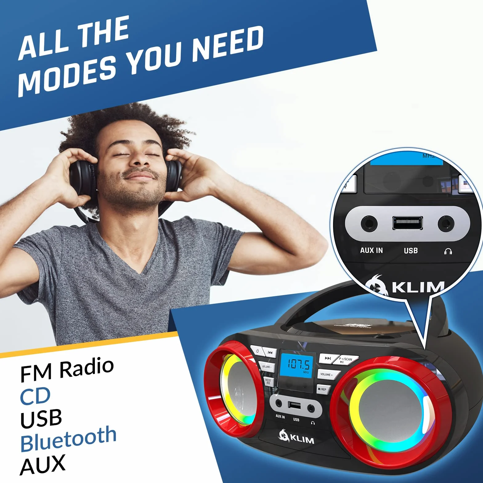 KLIM Boombox B3 Przenośny Odtwarzacz CD - Nowość 2024 - Radio FM, Bluetooth, USB, MP3, Tryb Przewodowy i Bezprzewodowy z Bateriami do Ładowania, Obiektyw Laserowy