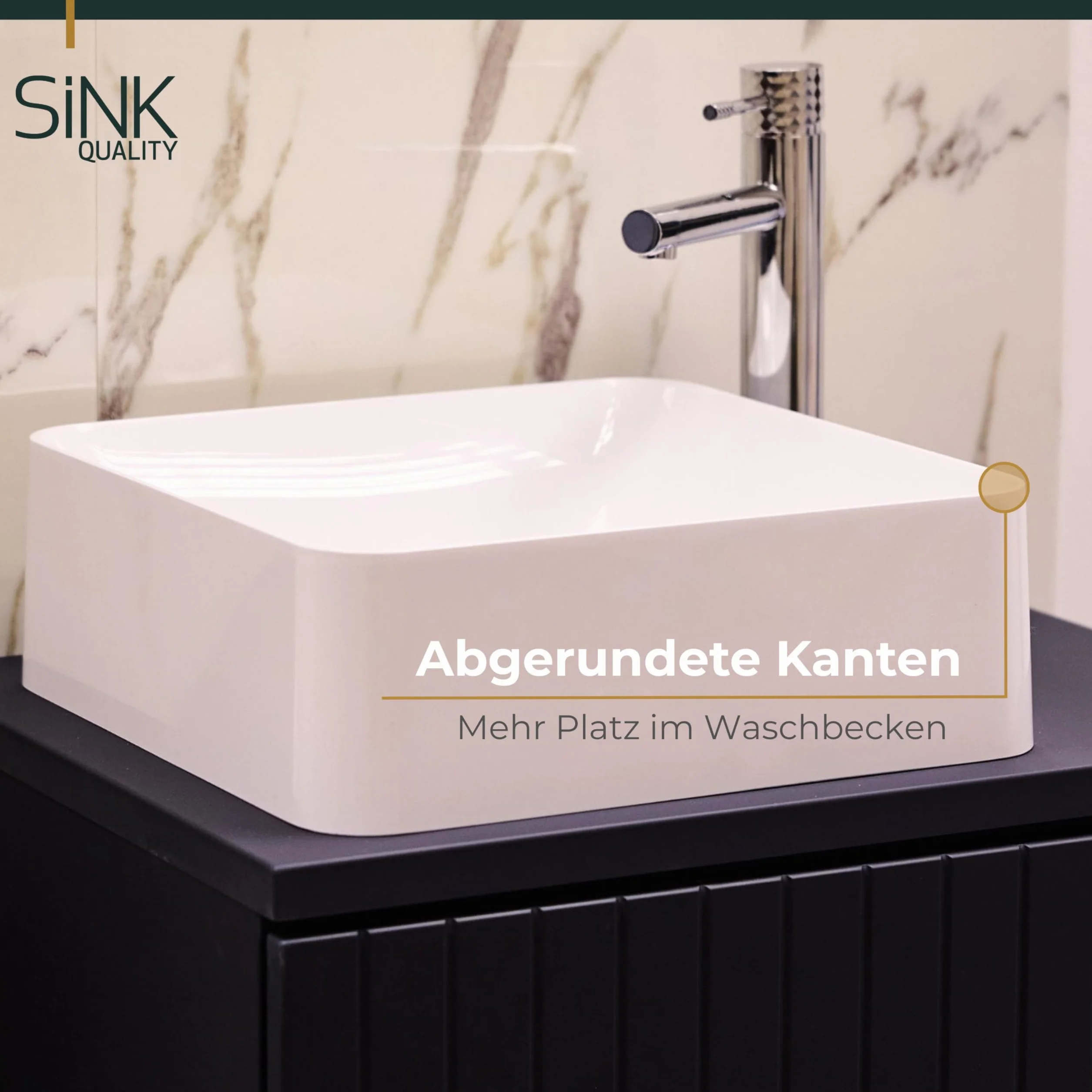 SINK Quality Umywalka nablatowa, biała, z połyskiem, 39 x 39 cm – umywalka kwadratowa bez otworu na kran z kompozytu mineralnego S-MARBLE, umywalka do łazienki i WC dla gości z pokrywą odpływu i