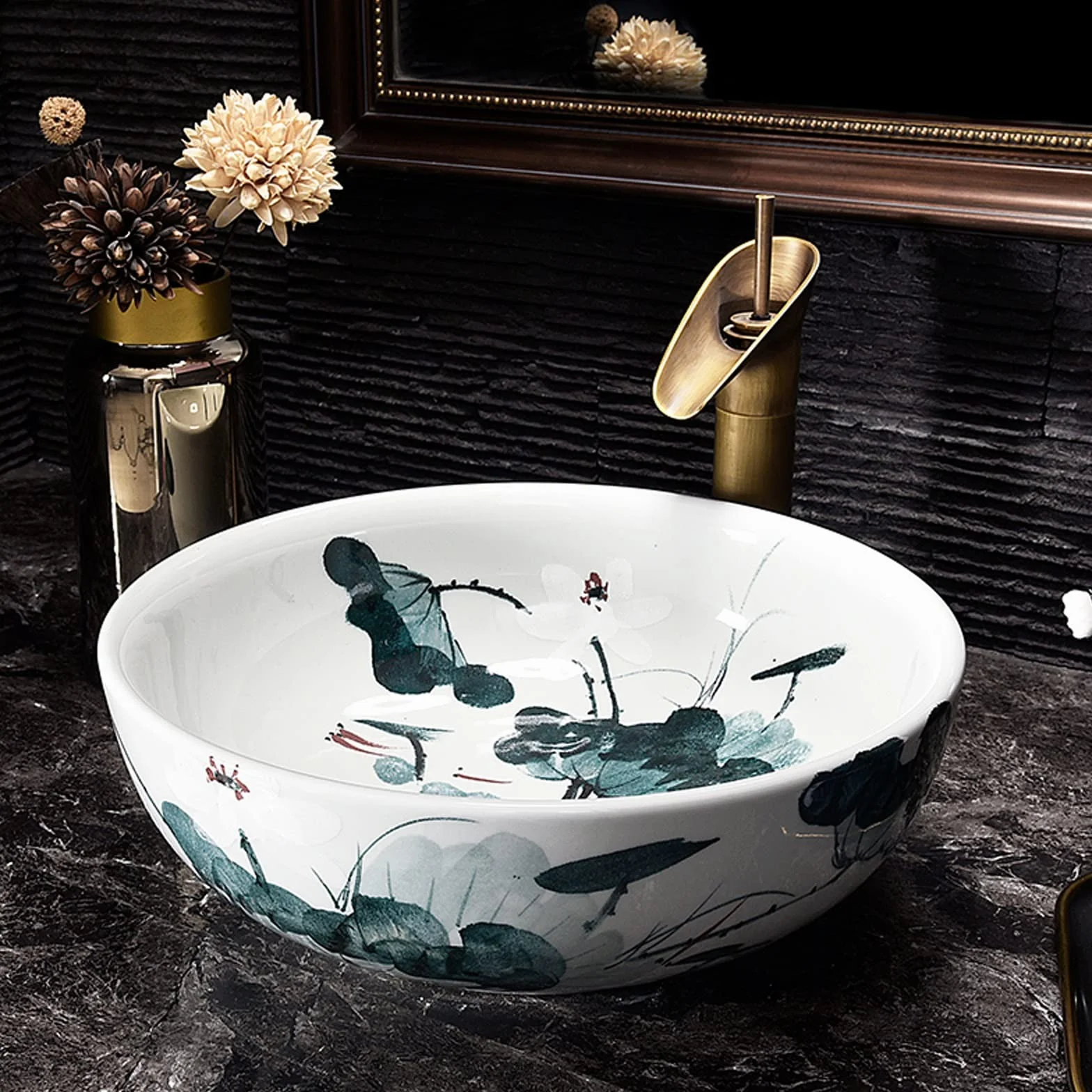 Umywalki Łazienkowe Nablatowe, Ceramiczne, Umywalki Łazienkowe Nablatowe, Okrągłe, Porcelanowe, W Kolorze Niebieskim I Białym, Umywalki Nablatowe Z Motywem Lotosu, Umywalki Ła