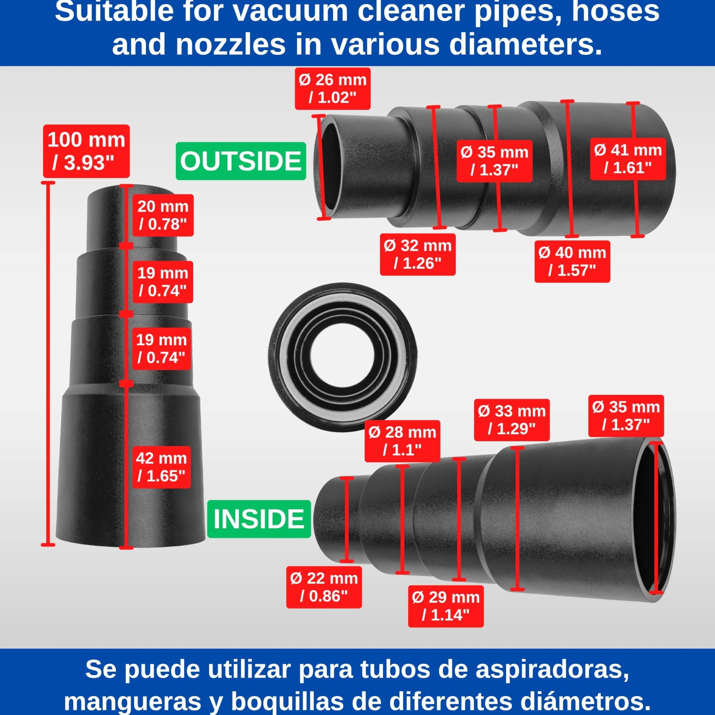 Your Day Mate - Uniwersalny Adapter do Odkurzacza, 4 sztuki, czarny, kompatybilny z Bosch, Makita, Kärcher i innymi, 4-stopniowy z Ø 41-26 mm na zewnątrz, Ø 35-22 mm wewnątrz, reduktor adapter węża