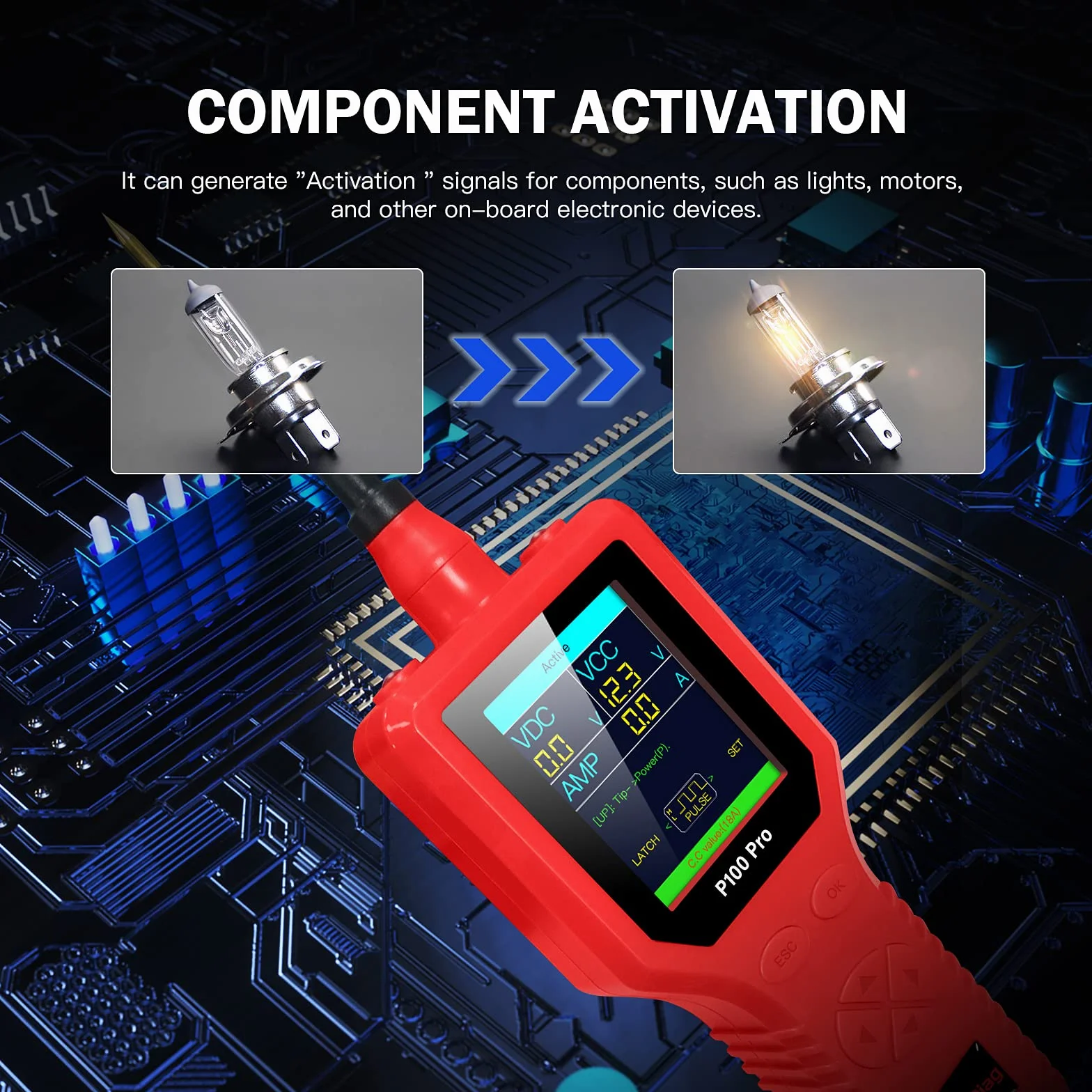 P100 Pro -30V Tester Obwodu Samochodowego Tester Diagnostyczny Obwodu Samochodowego 12V 24 V Zestaw Sondy Multimetrowego Aktywacja Części Cyfrowych/0-5V Zasilacz/wiele Języków (czerwony)