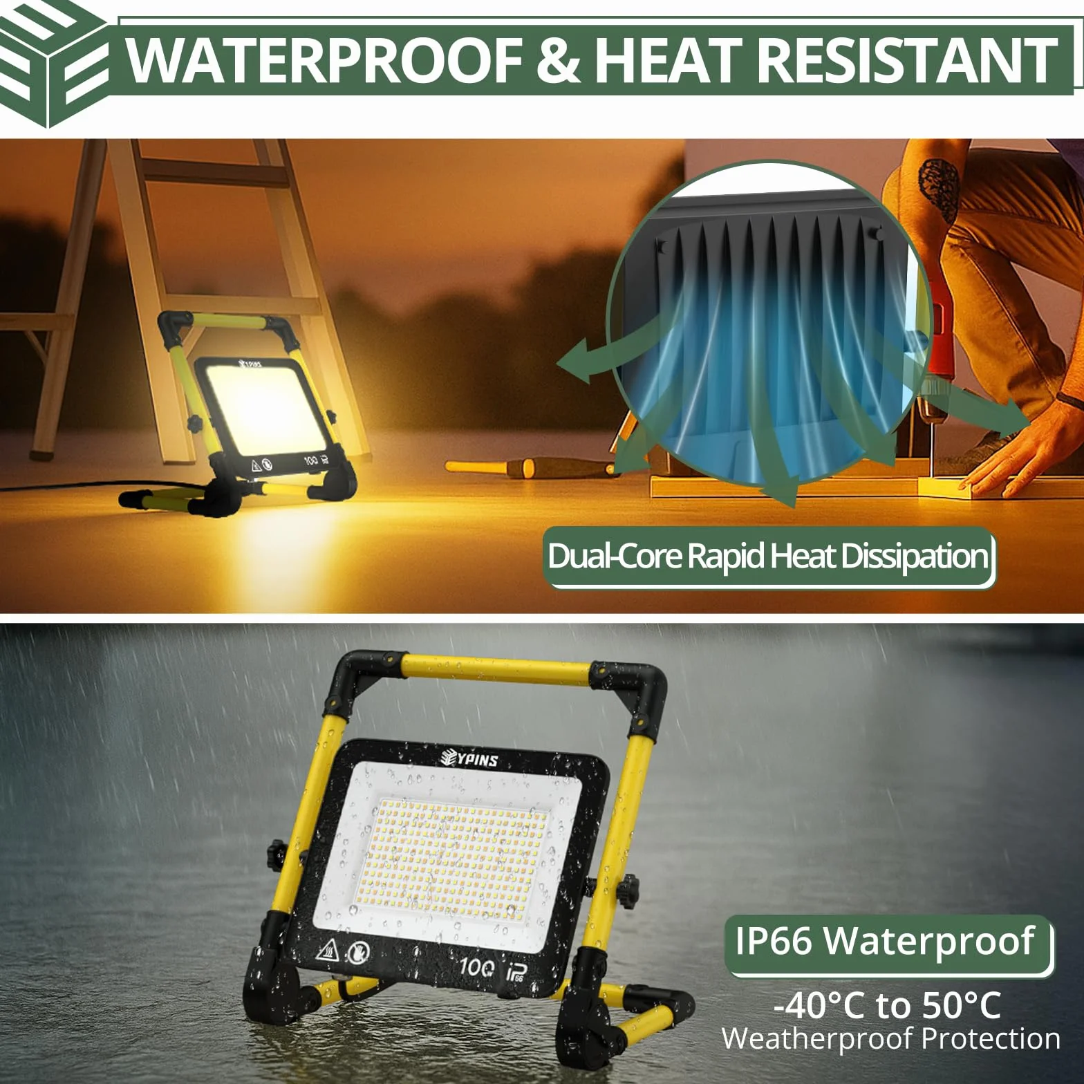 EYPINS Reflektor budowlany LED, 100 W, lampa robocza z wtyczką kabla 5 m, 3000 K/5000 K/6000 K, regulowane światło, IP66, wodoszczelny reflektor roboczy, 8000 lm, przenośny, do warsztatu, konserwacji