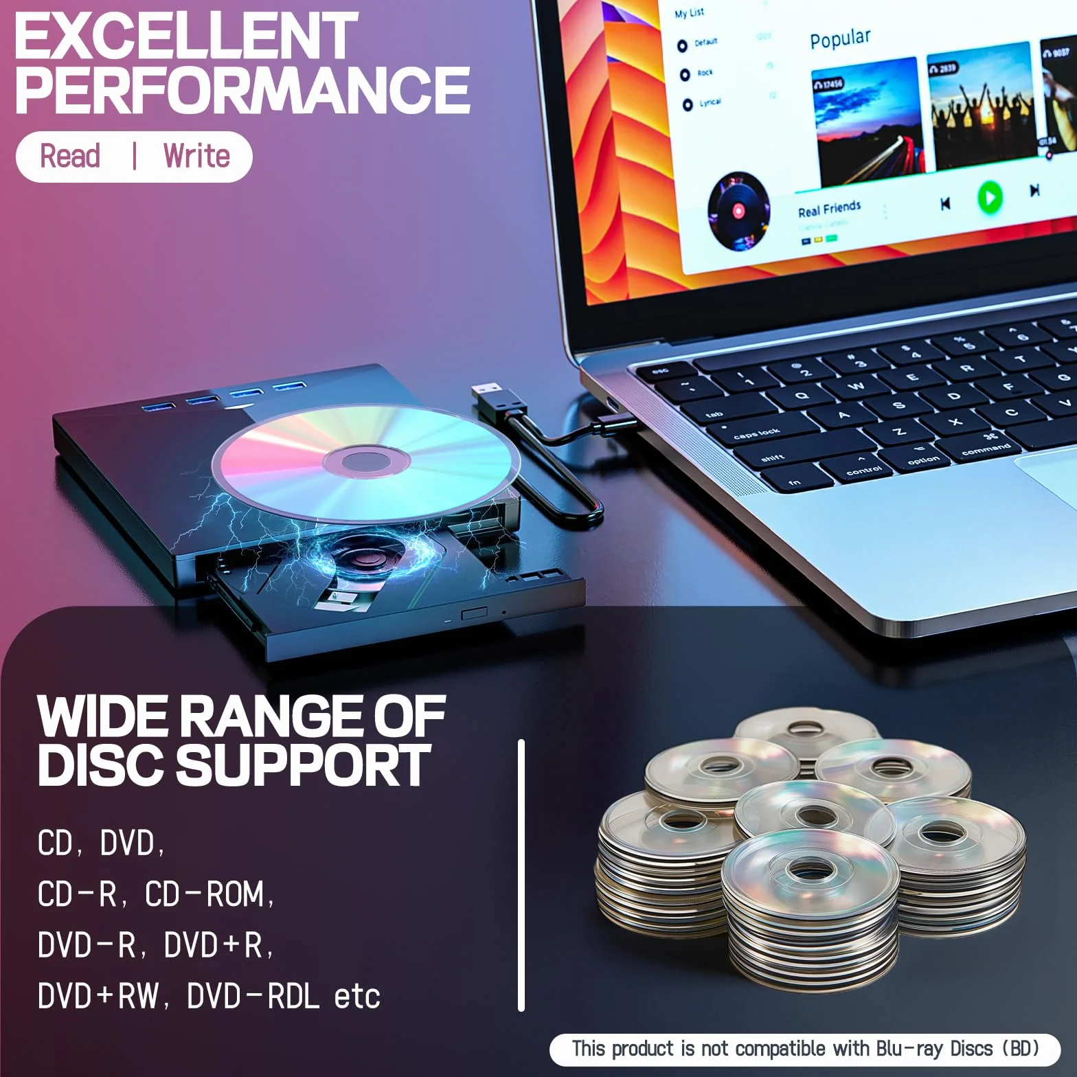 Przenośny odtwarzacz DVD CD USB 3.0 Typ C z gniazdem kart SD/TF do PC Laptop