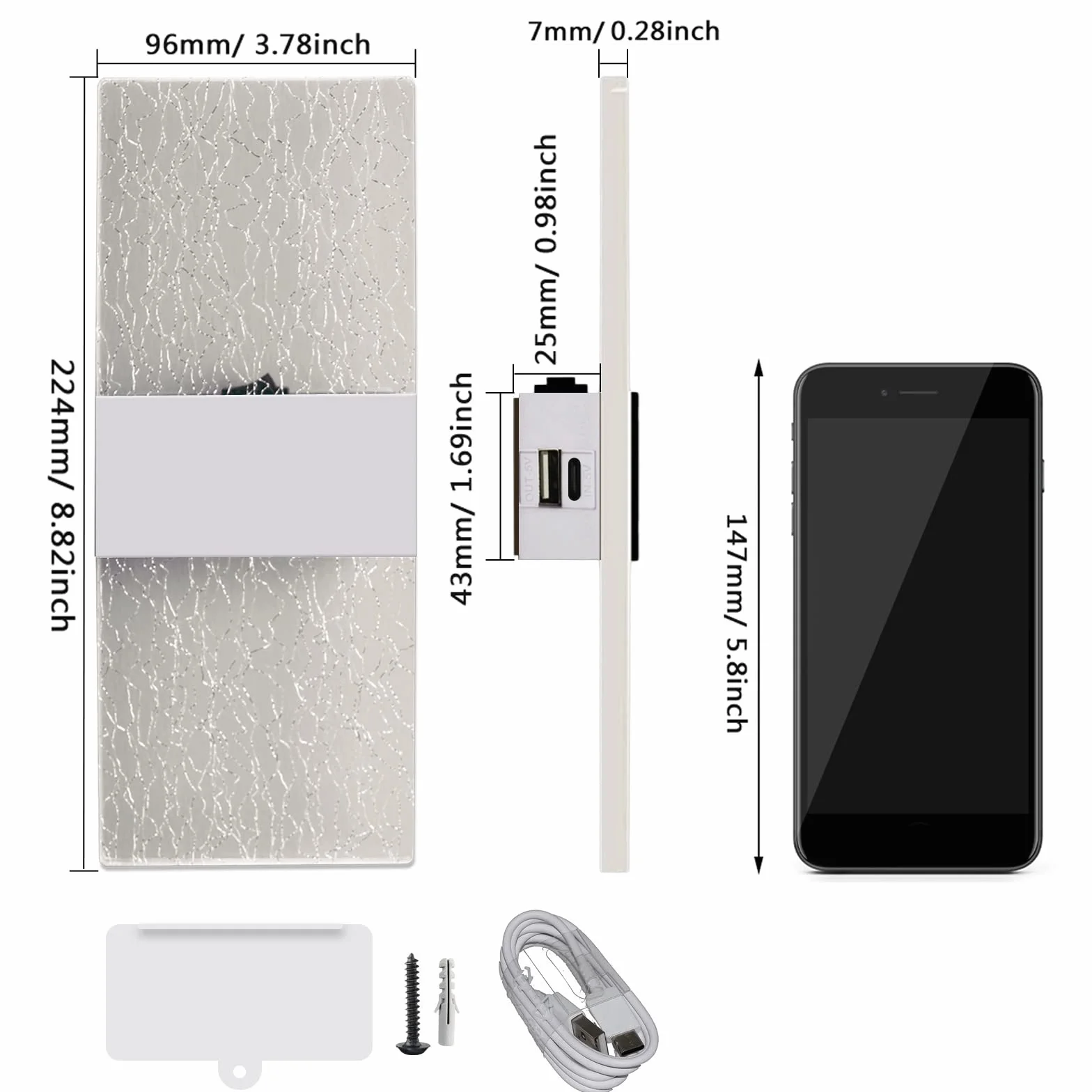 VOMI Bezprzewodowa lampa ścienna LED na baterie, lampa ścienna do sypialni z akumulatorem USB, lampka nocna z przełącznikiem, zestaw 2 lamp magnetycznych 6000K, oświetlenie ścienne 3 regulowana