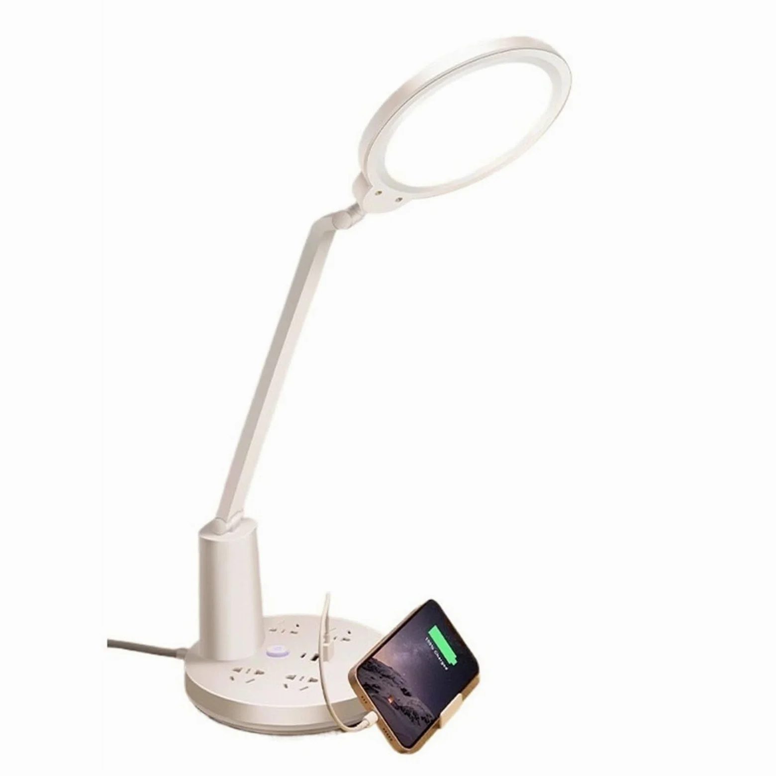 Lampa stołowa Lampa biurkowa LED z 2 portami ładowania USB, 1 portem typu C i 4 gniazdkami prądu przemiennego, lampka do czytania chroniąca oczy, 3 tryby oświetlenia, dotykowe sterowanie ściemniaczem