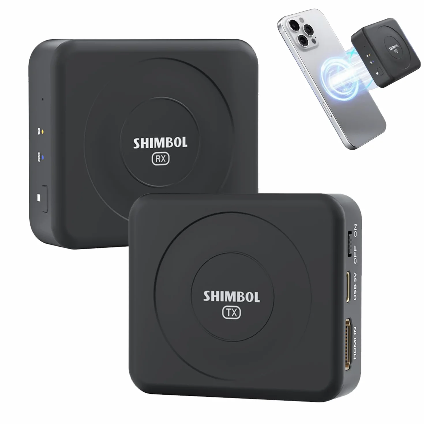 SHIMBOL TP NΑNA Bezprzewodowy nadajnik wideo, odbiornik – transmisja bezprzewodowa 150 m, opóźnienie 60 ms, wejście/wyjście HDMI, kompatybilny z magnesem do aparatu i smartfona (czarny)