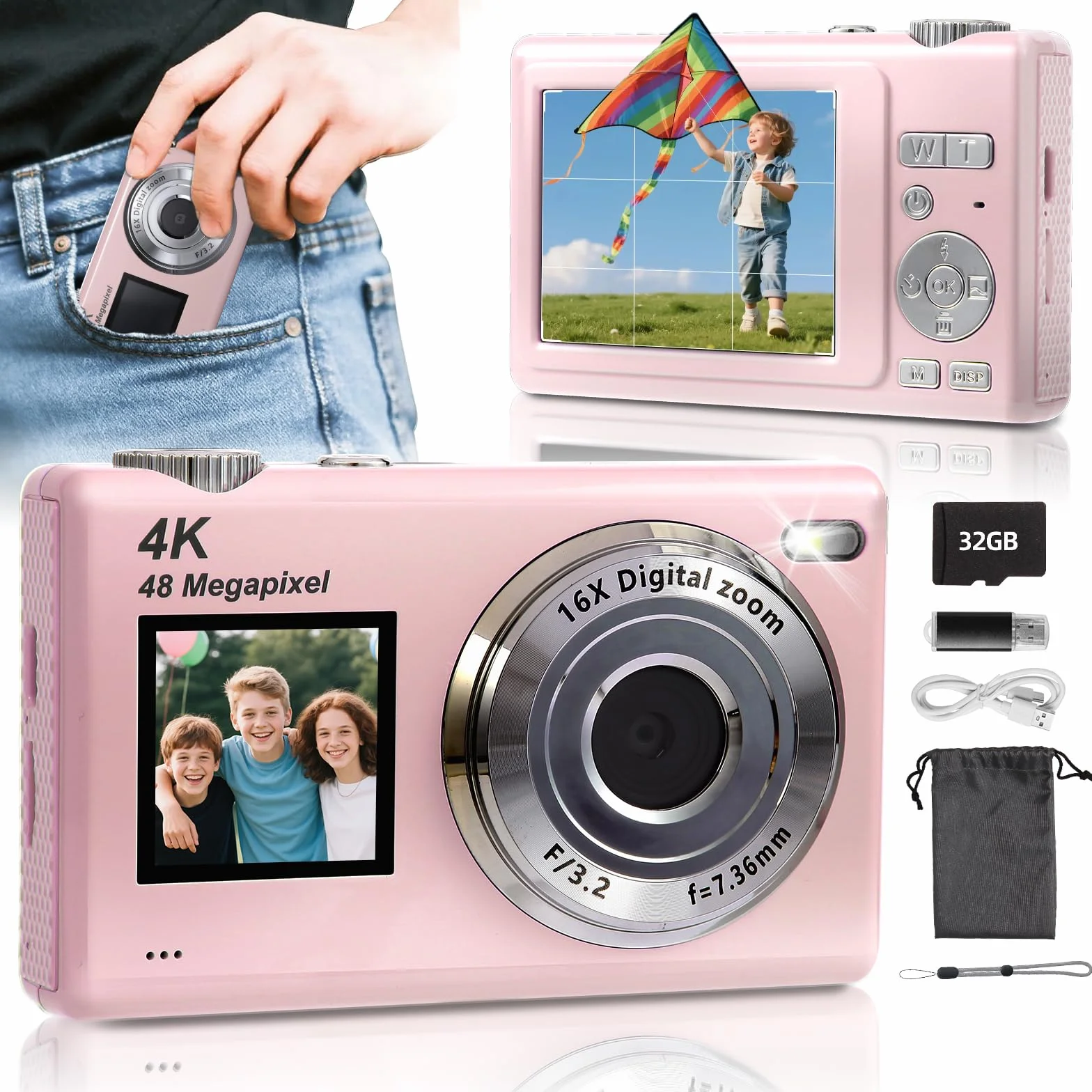 ARNSSIEN Aparat Cyfrowy 4K 48MP Podwójnym Ekranem Autofokus 16X Zoom Stabilizacja Obrazu Karta 32GB