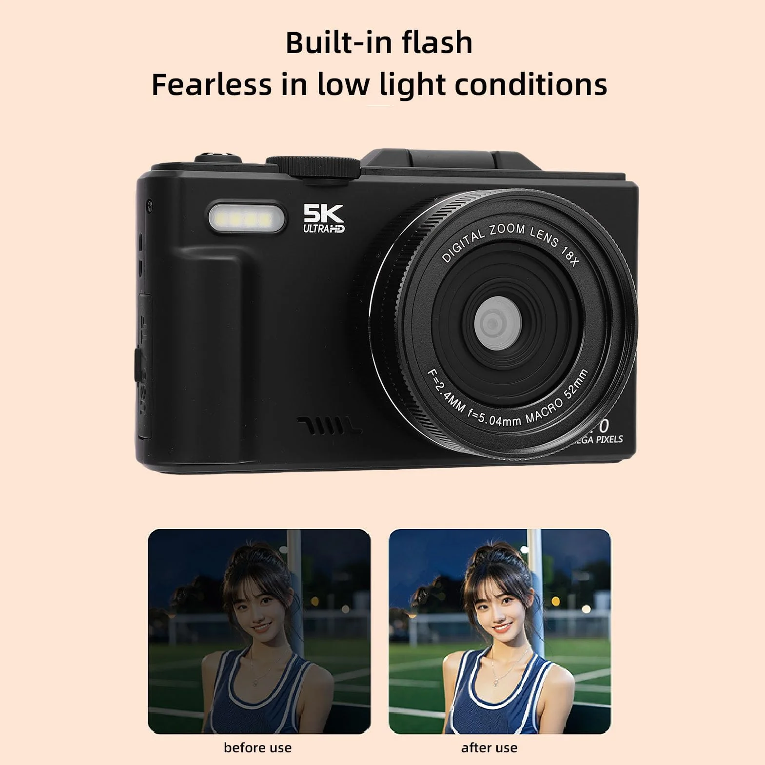Aparat Cyfrowy, 5K 75MP Autofocus Wi -Fi Vedio Camera do Fotografii, z Ekranem Klapki 3 Cali 180 °, 18x Cyfrowy Zoom, Kompaktowy Mały Aparat dla Chłopców Dziewczyn (32GB)