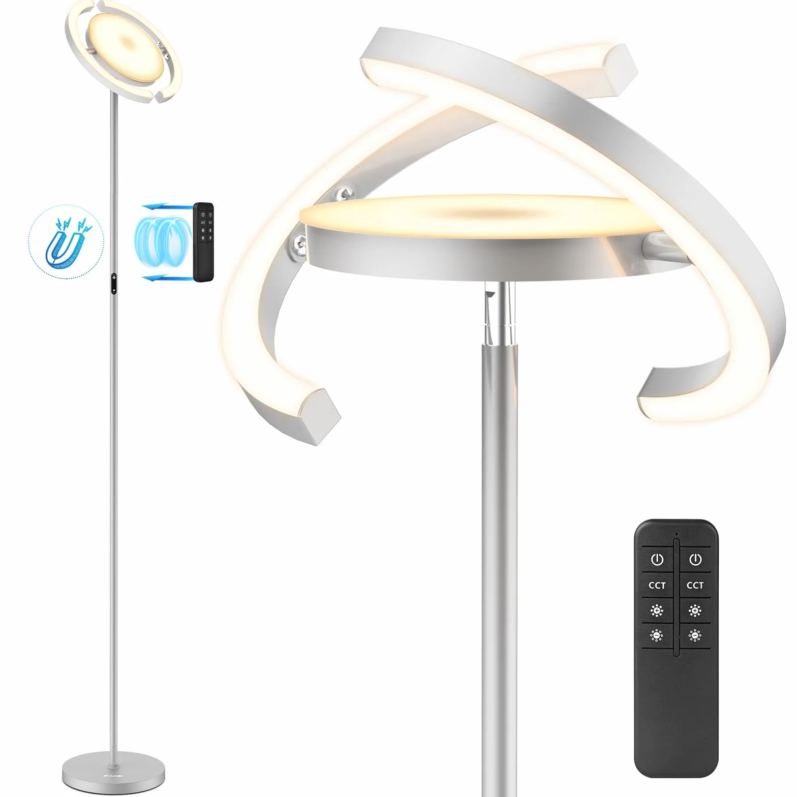 FIMEI Lampa podłogowa, 3000K-6000K Temperatura barwowa i ciągłe ściemnianie, z pilotem i sterowaniem dotykowym, lampa podłogowa Led do salonu, centralne światło w górę, 36 W, szara
