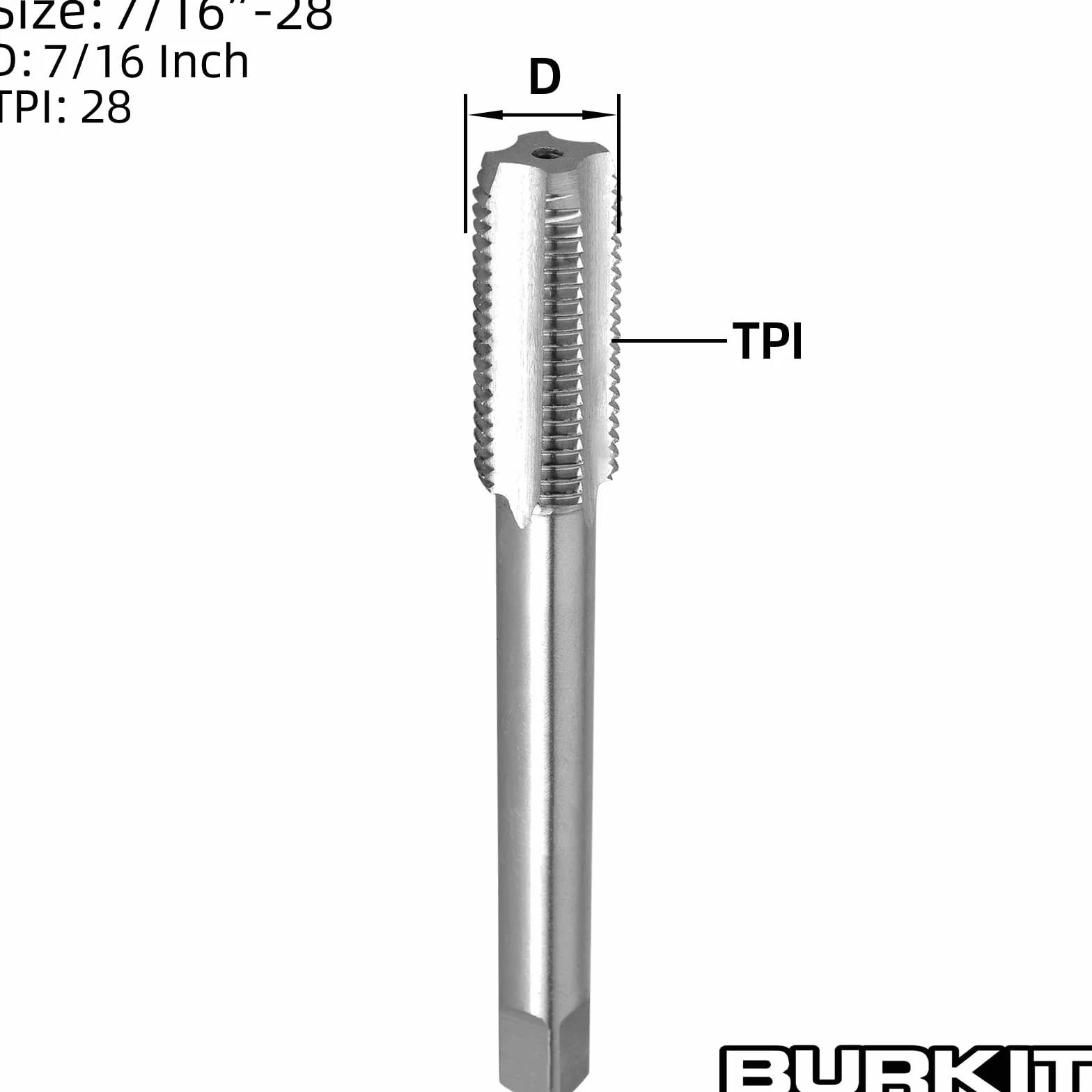 Burkit 7/16"-28 UN gwintownik praworęczny, HSS 7/16 x 28 UN prosty karbowany kran maszynowy