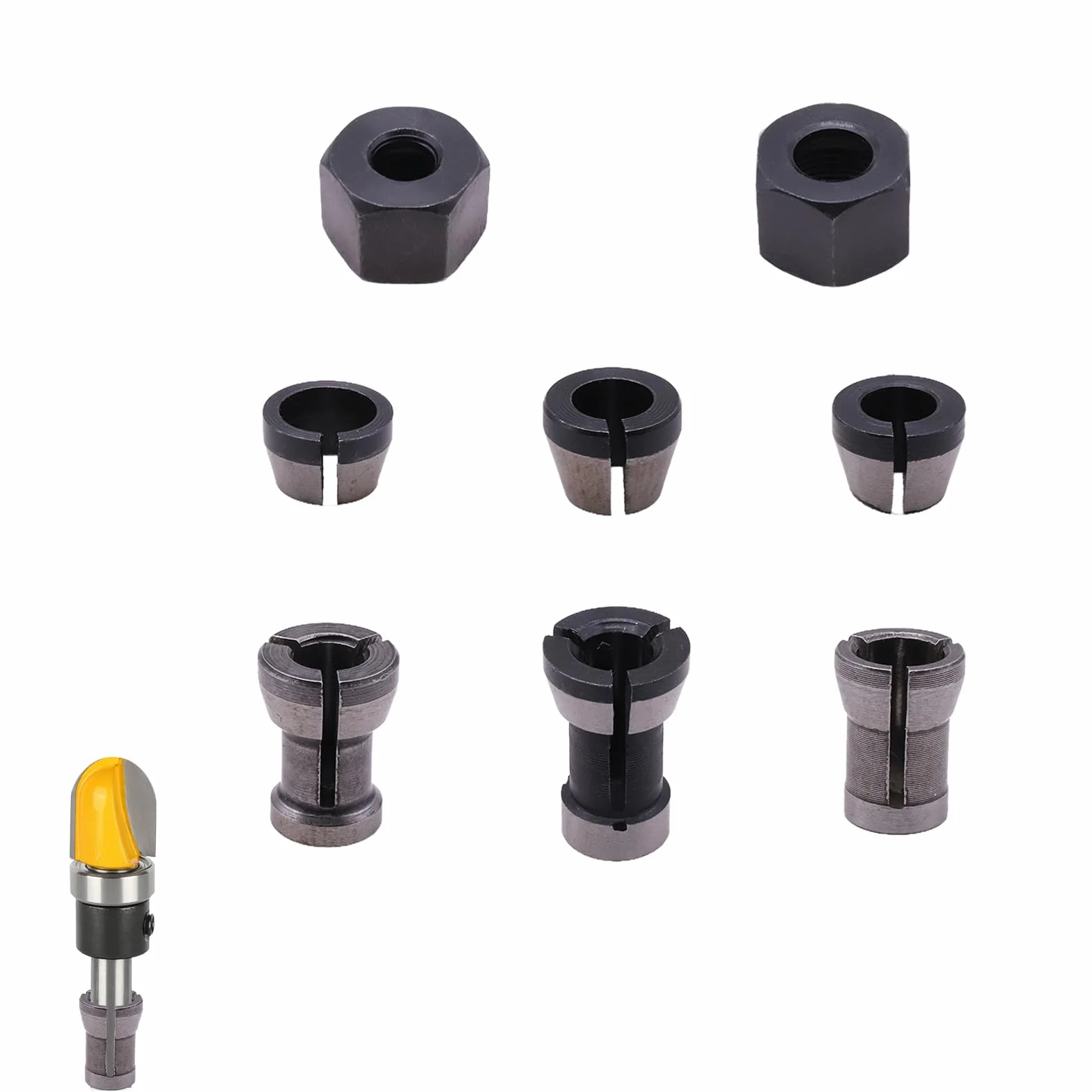 8 szt. zacisków do frezarki i maszyny do grawerowania, 6 adapterów zaciskowych (6 mm, 6,35 mm, 8 mm) i 2 nakrętki ze stali węglowej o wysokiej precyzji do drewna