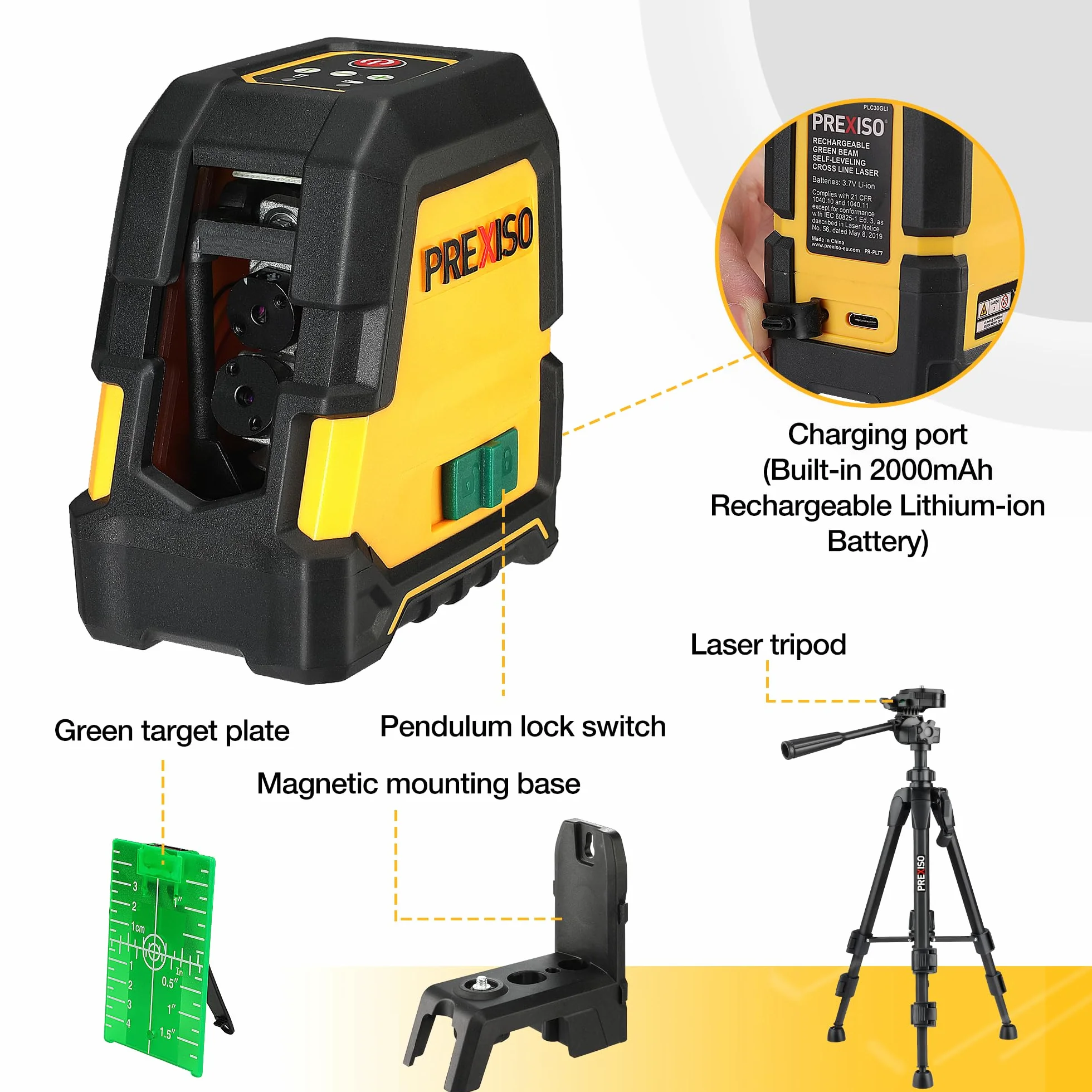 PREXISO Laser Krzyżowy z Statywem Zielony 30 m, Samopoziomujący Laser Liniowy z Podwójnym Modułem Laserowym, z Uchwyt Magnesowy i Statyw, Ładowanie USB, do Budowy i Układania Płytek