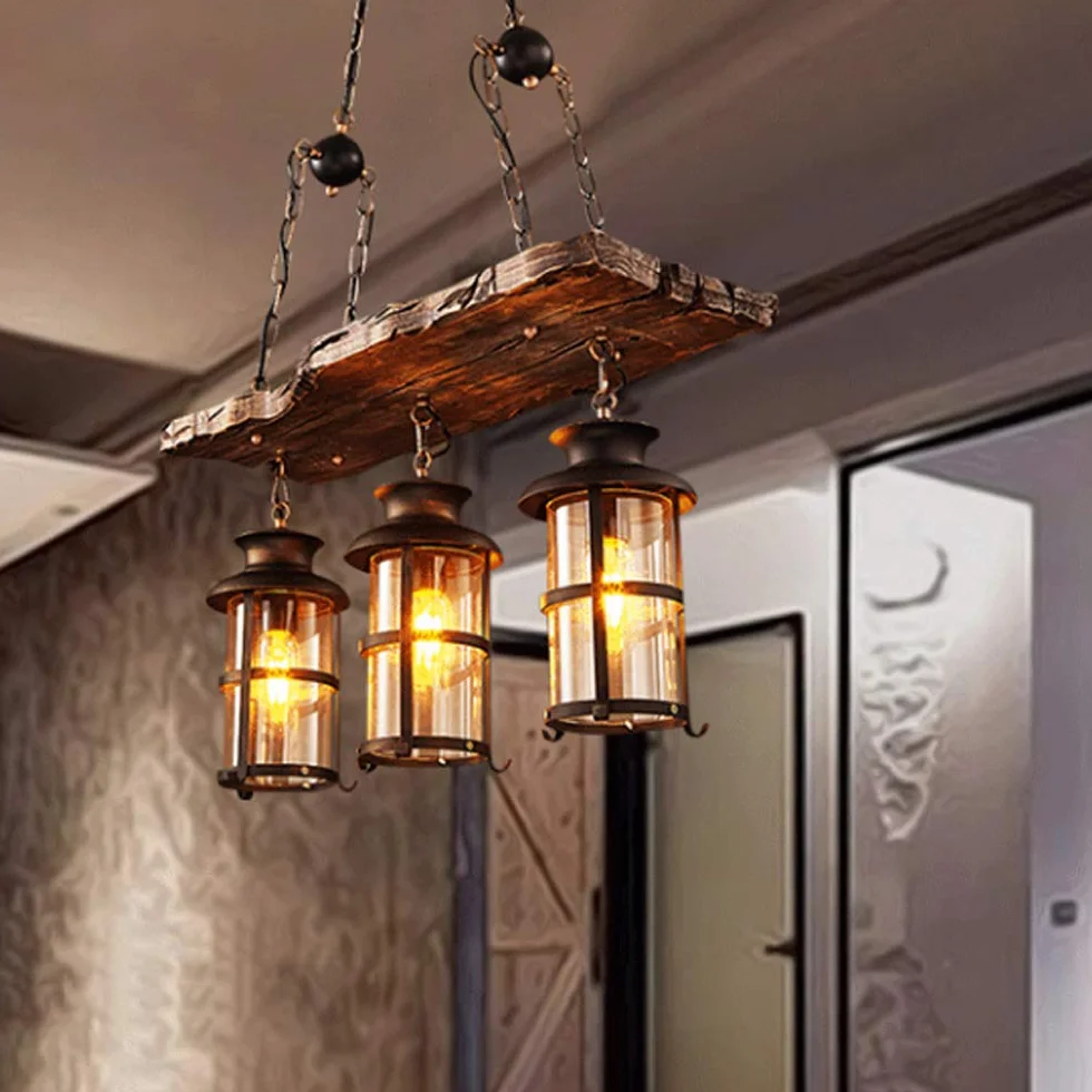 Lampa wisząca w stylu vintage, E27, industrialny żyrandol, styl vintage, drewno, lampa wisząca, czarne żelazo, szkło, abażur, lampa wisząca z regulacją wysokości, 3 płomienie oświetlenia, loft
