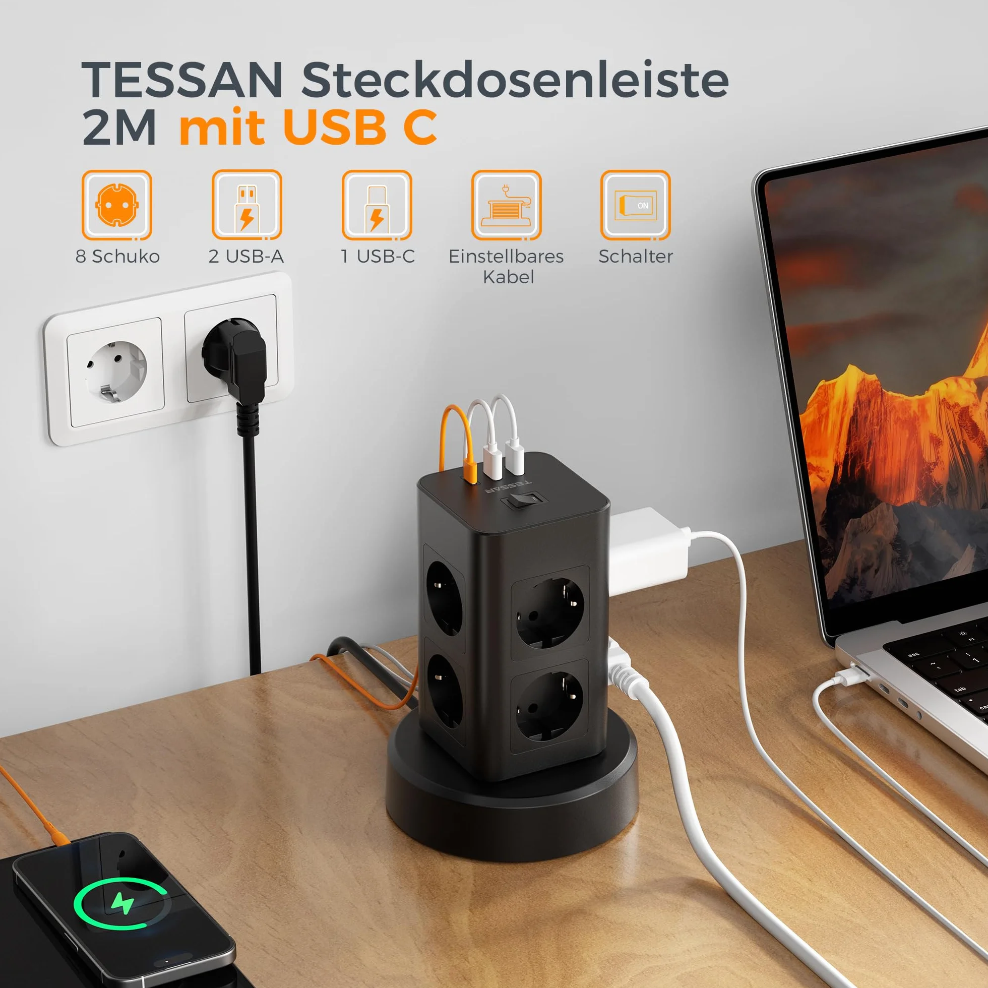 TESSAN Wieża Gniazdkowa z USB C, 8 Gniazd, Przewód 2M, Wyciągany Przewód, Przełącznik