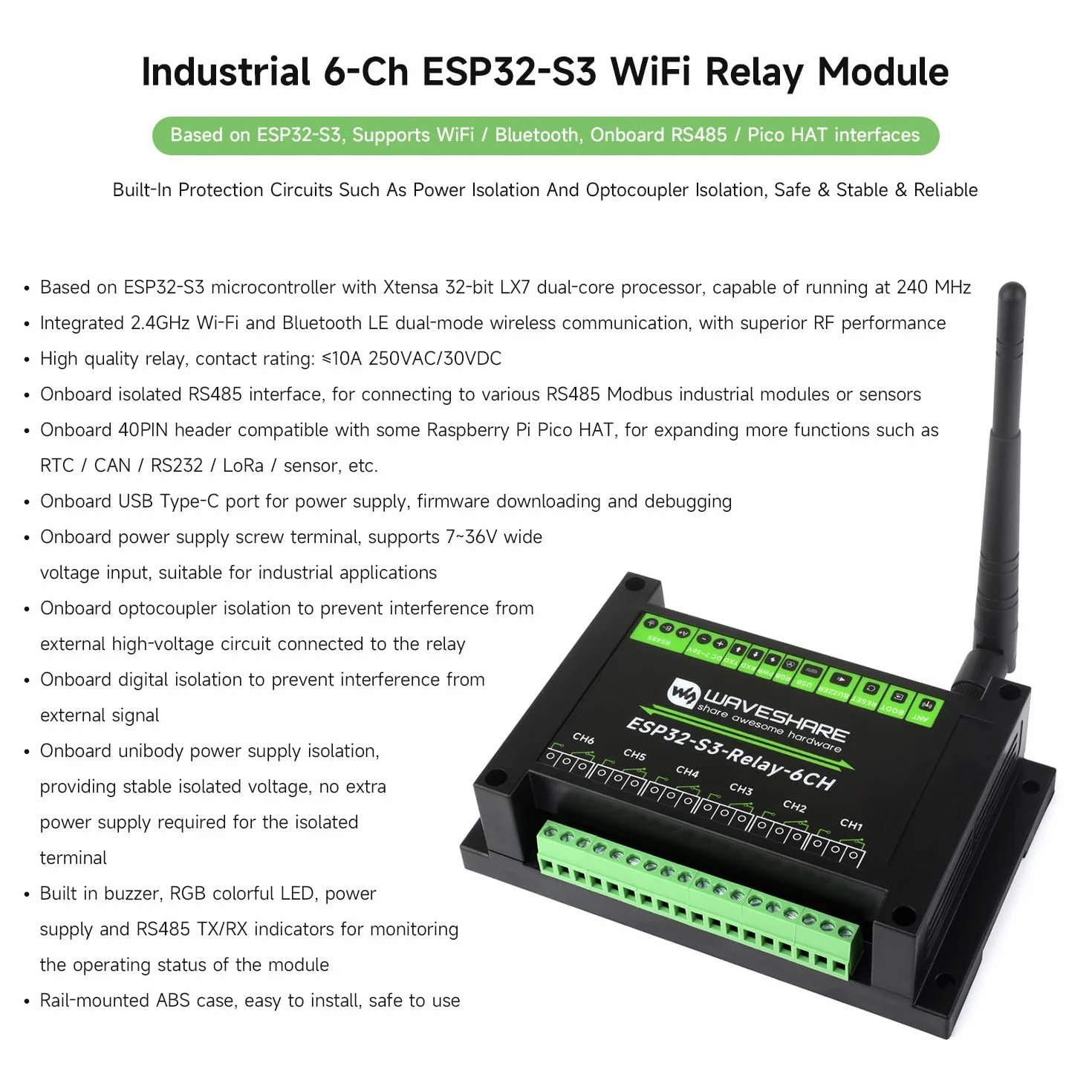 Waveshare Industrial 6-Channel ESP32-S3 WiFi Relay Module, Onboard RS485 / Pico HAT Interfaces, With Multiple Isolation Protection Circuits, Industrial-Grade, Rail-Mount Case