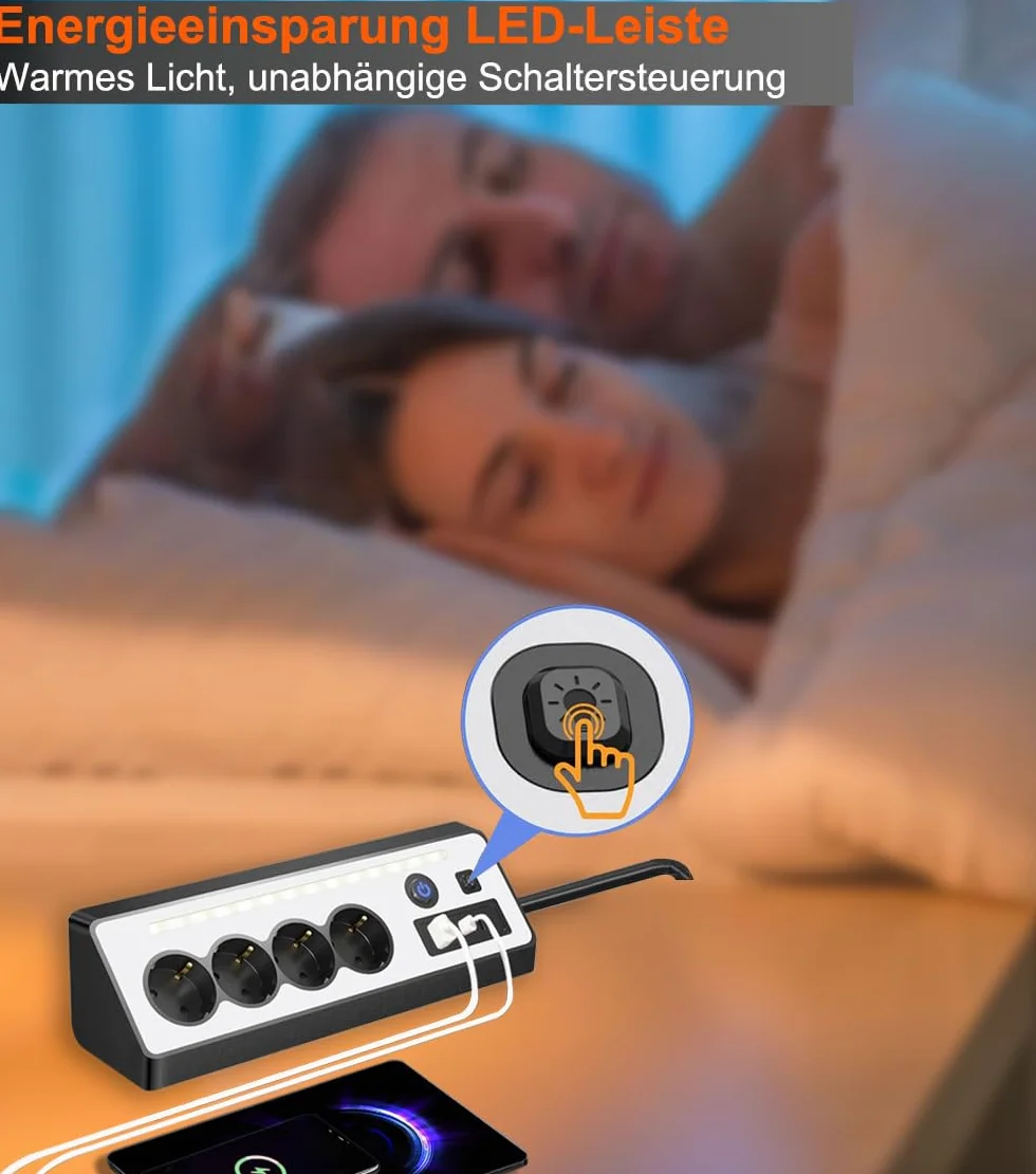 Listwa zasilająca narożna, listwa zasilająca, 4 gniazda wtykowe z USB i 2 typami C, listwa zasilająca, ochrona przed przepięciem z diodami LED, kabel 1,5 m, do kuchni, biura, czarna