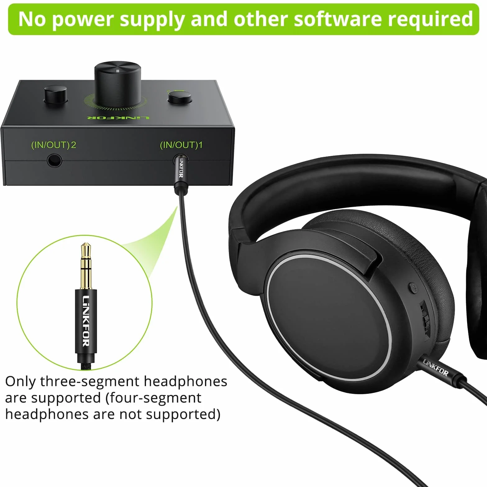 LiNKFOR Przełącznik audio stereo 3,5 mm - 1 w 2 lub 2 w 1 wyjście z kablem audio 3,5 mm, selektor audio do komputera, telefonu, laptopa i słuchawki