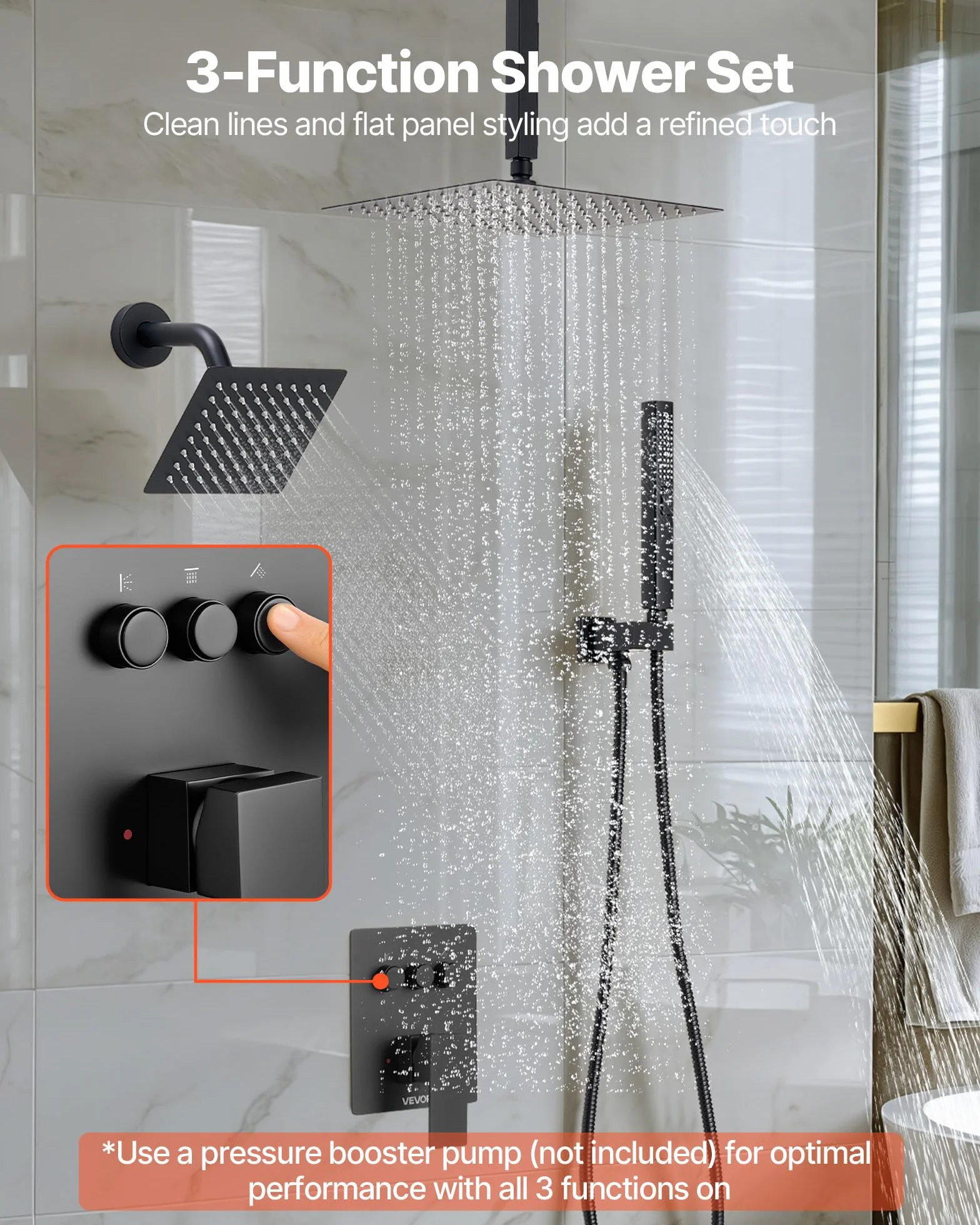VEVOR Zestaw baterii prysznicowych, 25 cm sufitowy system prysznicowy z deszczownicą 6-calową głowicą do montażu na ścianie i ręcznym natryskiem 2 w 1, obrotowy, 3-funkcyjny, podwójny zawór deszczowy