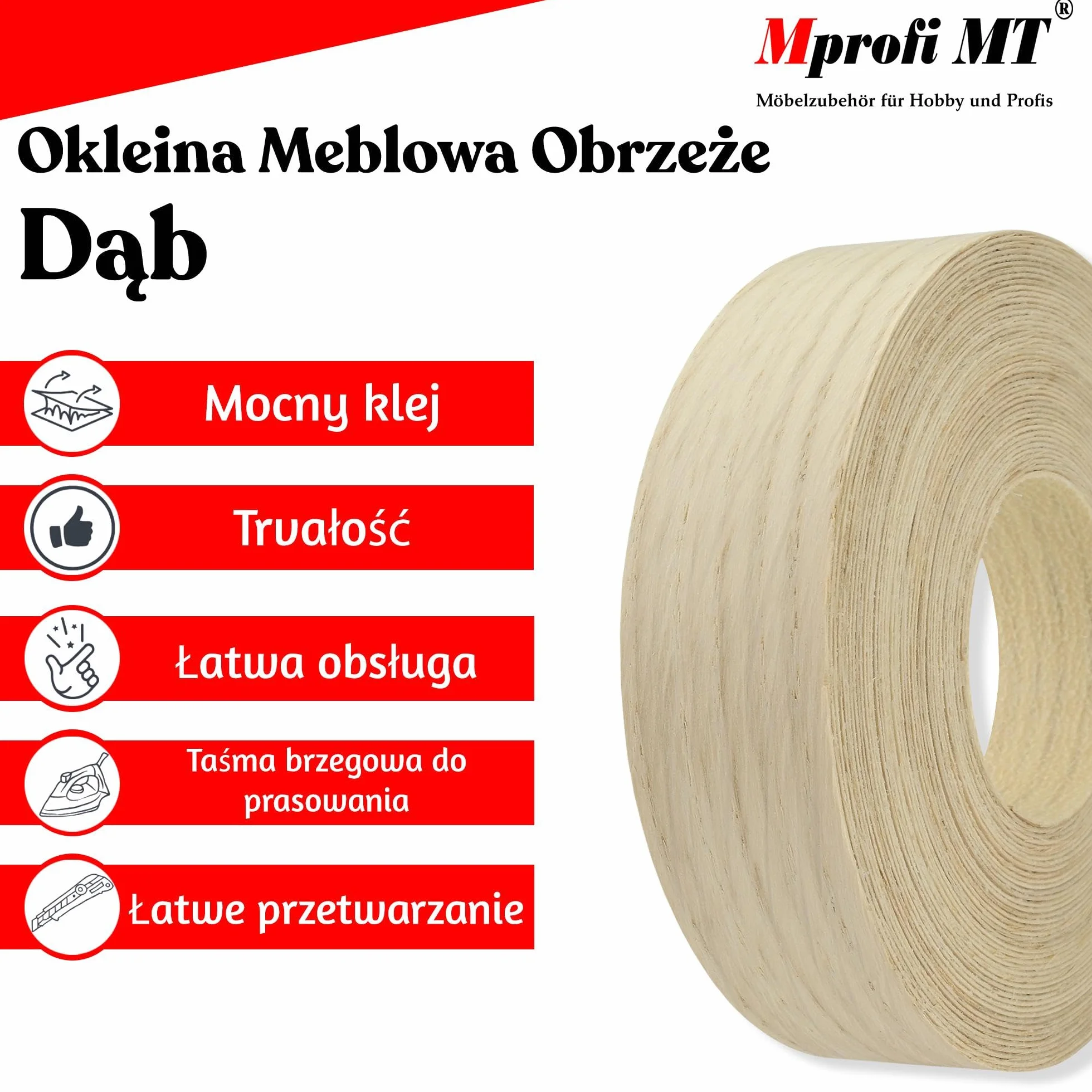 Mprofi MT® (5m rolka) Obrzeża Meblowe-Obrzeża Fornirowane z Naniesionym Klejem Topliwym-Obrzeża Naturalne-Obrzeża z Drewna Naturalnego-Krawędź Wspornika do Deski Półki-Deska Meblowa-Dąb 22mm