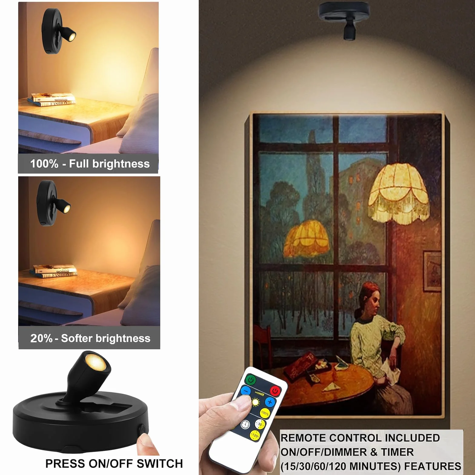 2Pack Zasilany Baterią LED Reflektor światło Obrazu, Wewnętrzne Oświetlenie z Zdalnym Sterowaniem, światła Ramki Obrazu, światła wyświetlacza Sztuki dla Dartboard Portrety Obrazy sztuki