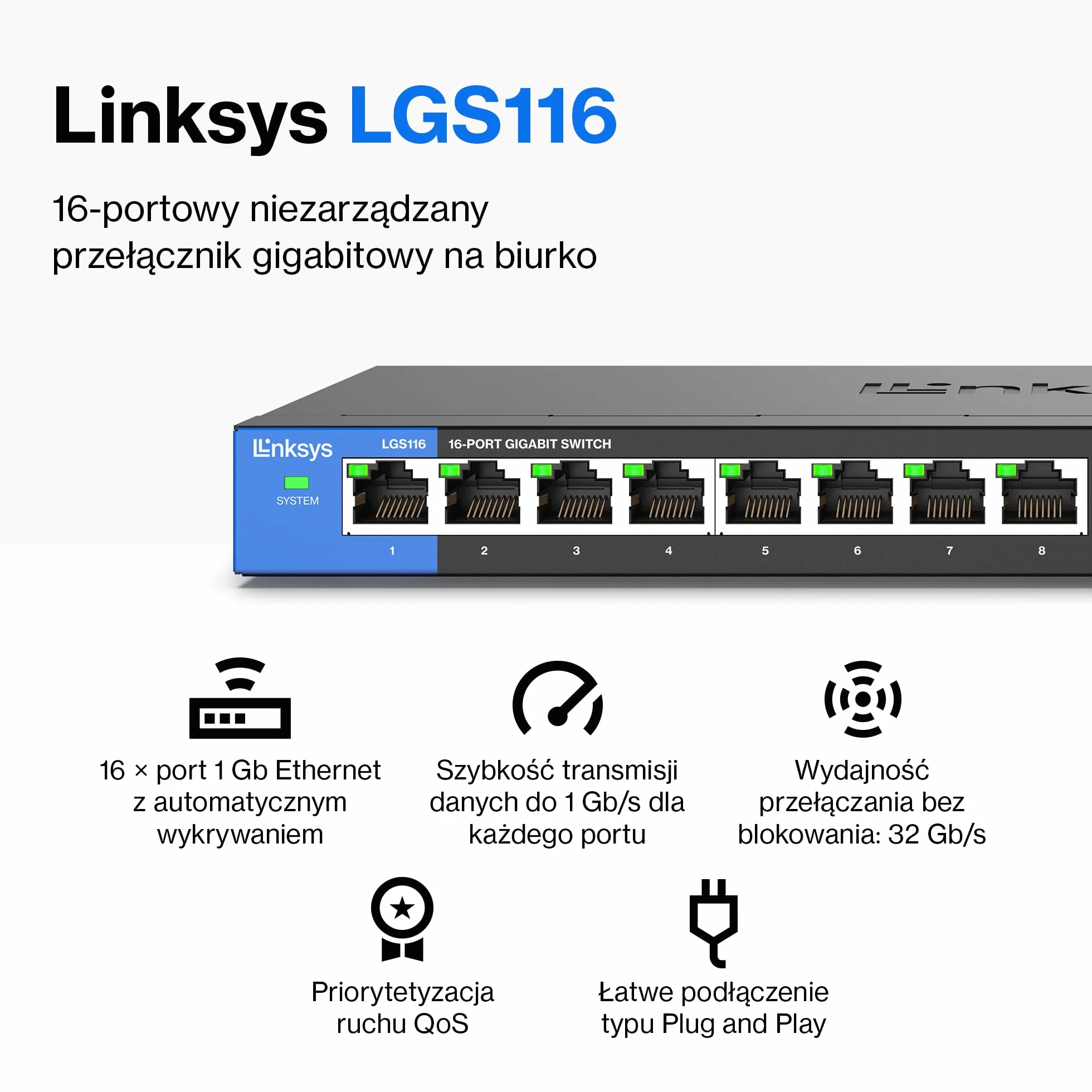 Linksys LGS116-EU 16-portowy gigabitowy niezarządzalny przełącznik sieciowy Ethernet, metalowa obudowa, Plug & Play