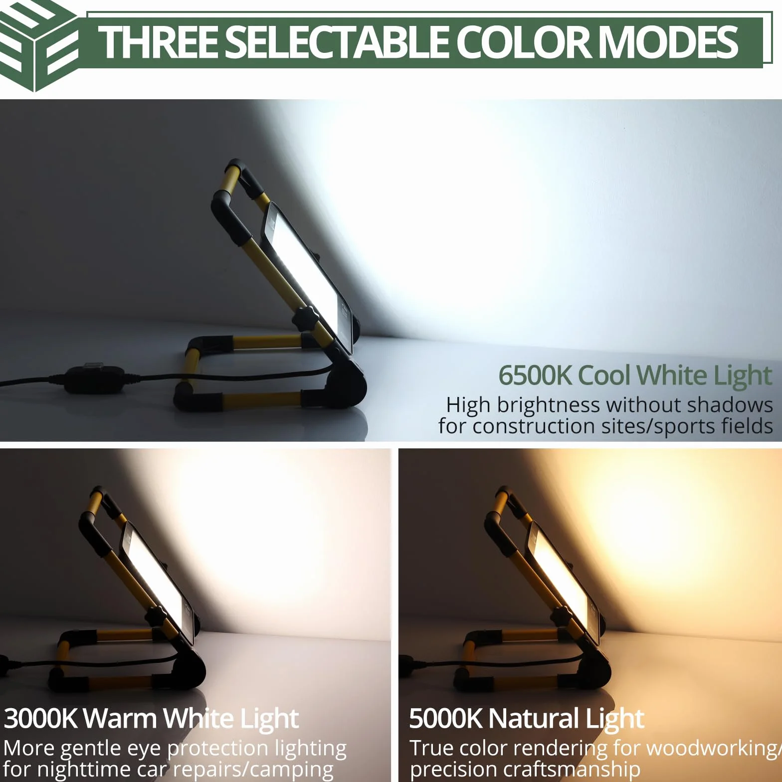 EYPINS Reflektor budowlany LED, 100 W, lampa robocza z wtyczką kabla 5 m, 3000 K/5000 K/6000 K, regulowane światło, IP66, wodoszczelny reflektor roboczy, 8000 lm, przenośny, do warsztatu, konserwacji
