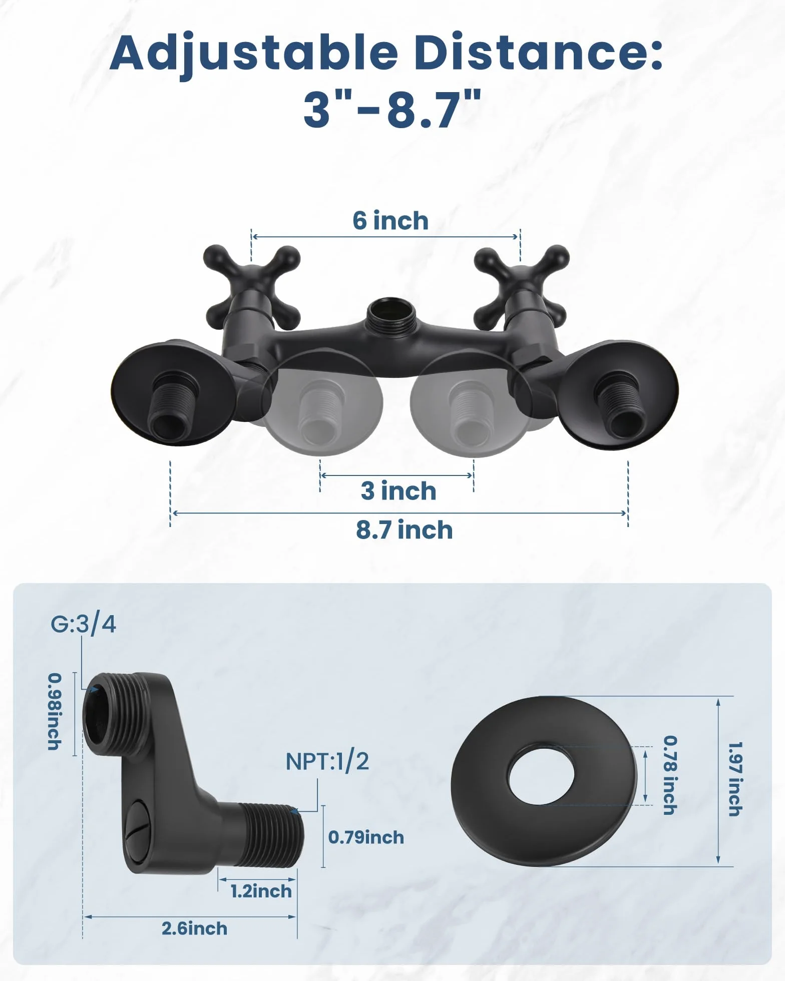 Airuida Matowy czarny ścienny kran do zlewu kuchennego 6 cali (15 cm) wylewka zasięg regulowany środek podwójne uchwyty krzyżowe 7 cm do 23 cm bateria mieszająca ciepła i zimna woda 360 obrotowy kran