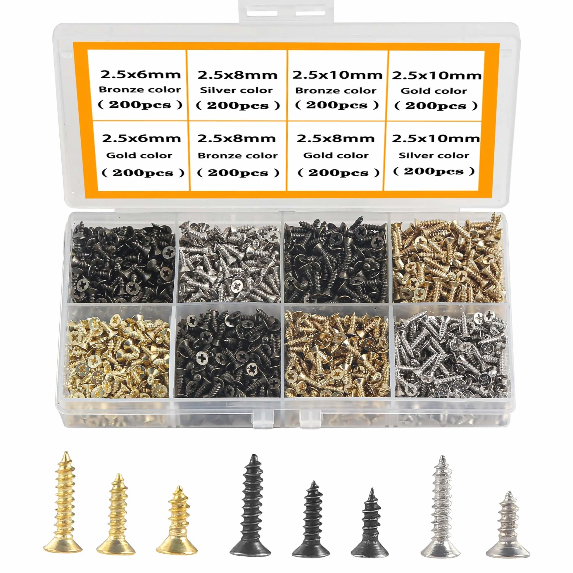 Zestaw małych śrub M2.5, wkręty do drewna, wkręty samogwintujące 6 mm, 8 mm, 10 mm, płaskie śruby do projektów DIY, naprawy, 1600 sztuk, złoty, srebrny, czarny