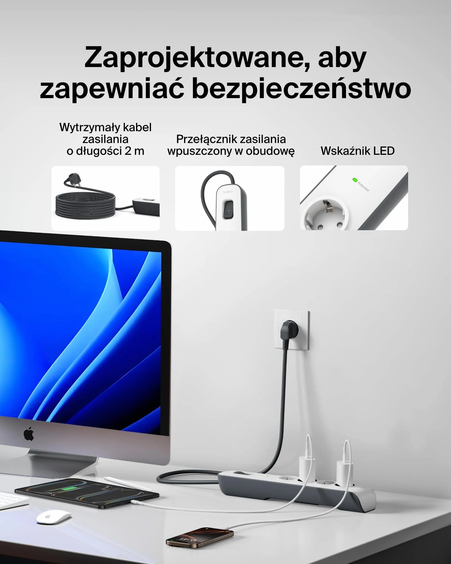 Belkin Listwa Zasilająca, Biały/Szary, 4 Gniazda