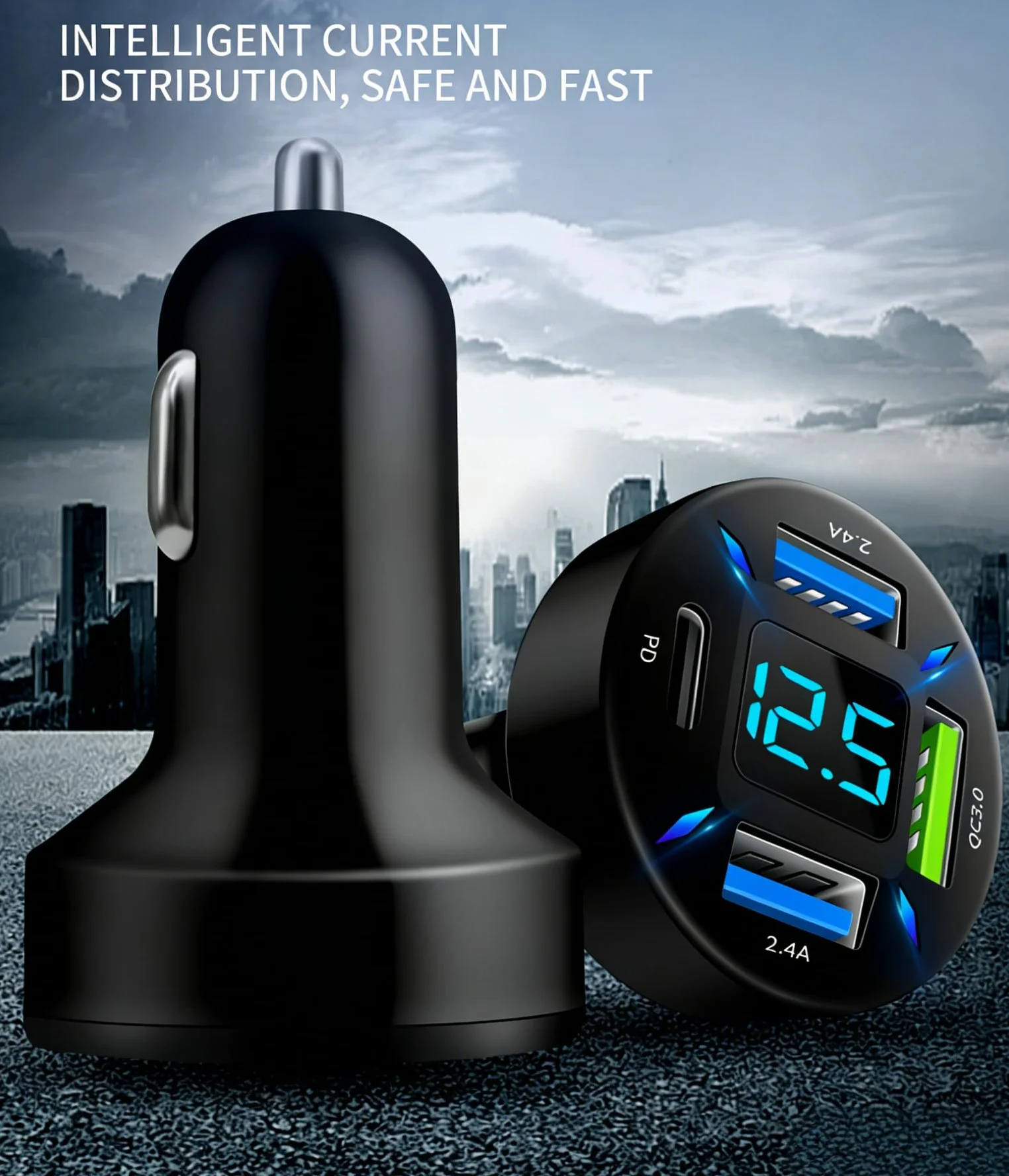 Ładowarka samochodowa USB C 50W QC3.0 PD30W 12V z woltomierzem LED 4-portowa